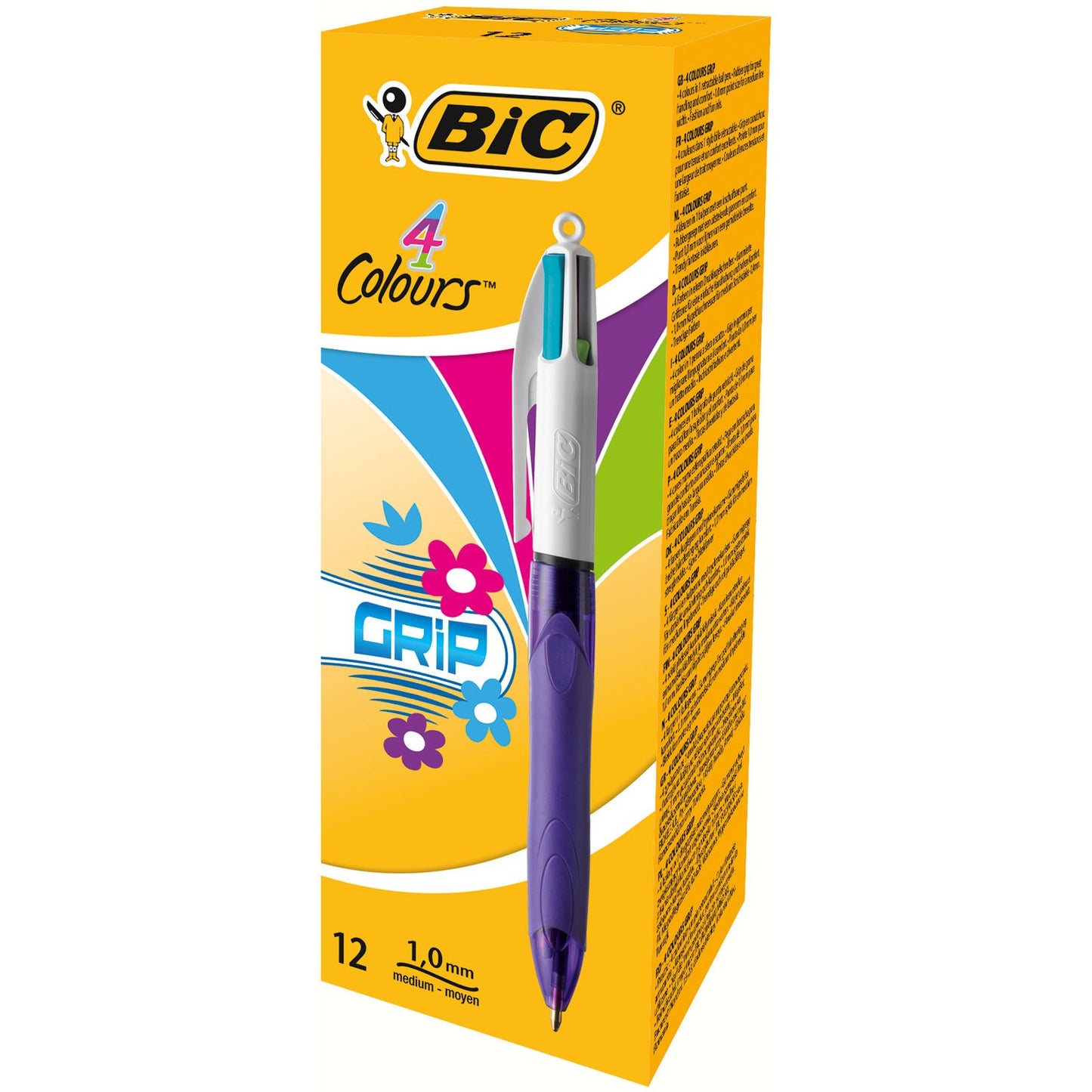 BIC 4 Colours Grip Retractable Ball Pens - Box of 12- Medium Point (1.0 mm) - Extra-Comfort Grip