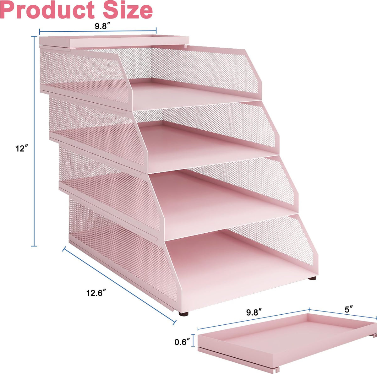 Natwind 4-Tier Stackable Metal Mesh Desk Paper Tray Organizer,Pink