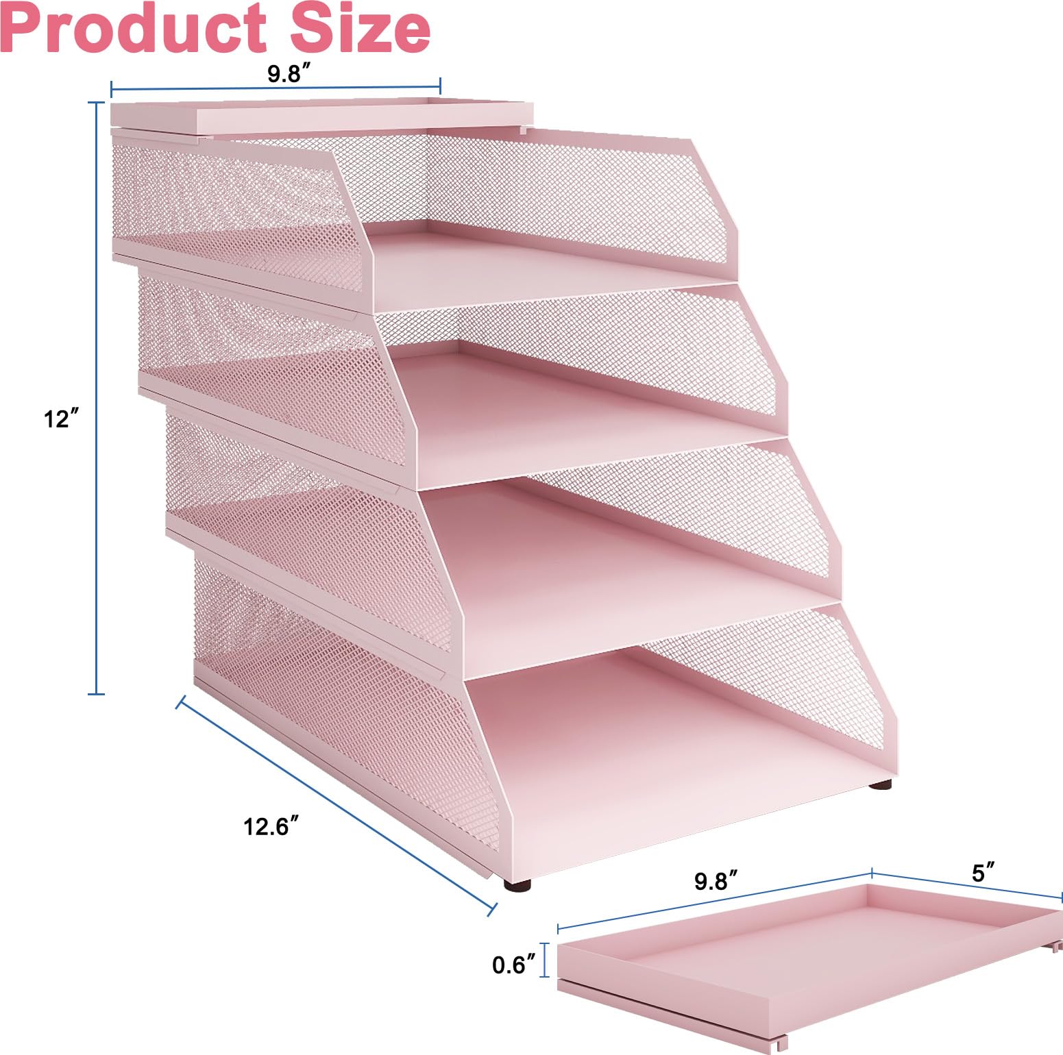 Natwind 4-Tier Stackable Metal Mesh Desk Paper Tray Organizer,Pink