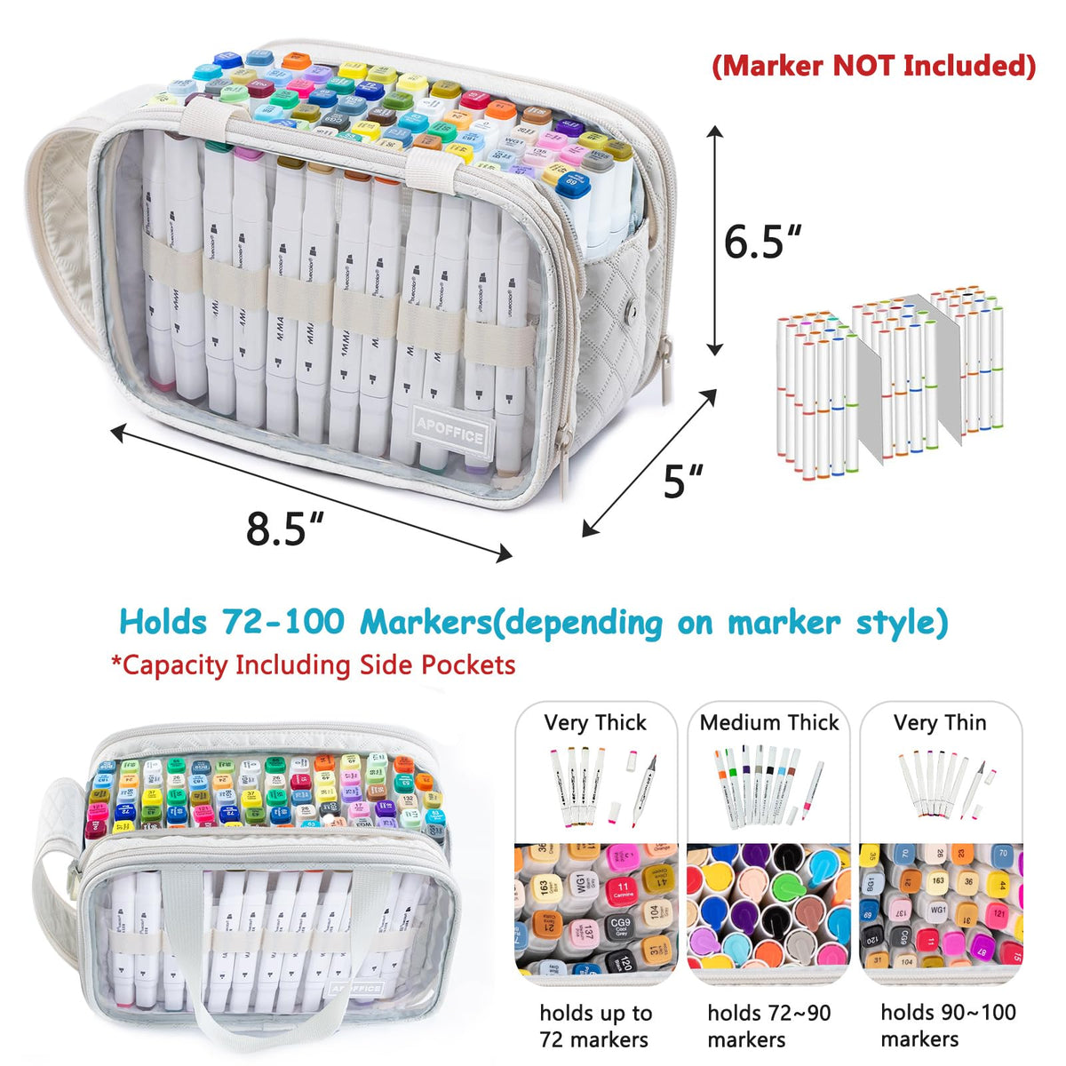 APOFFICE Marker Organizer Case – Holds 72-96Markers | Portable Art Marker Storage Bag with Clear