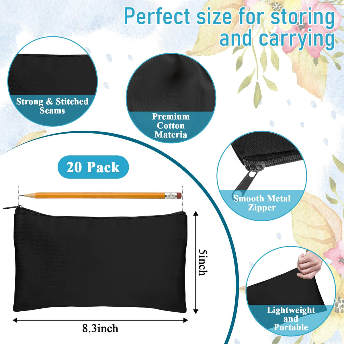 Legigo 20 Pack Blank Canvas Bag Zipper Pouch Makeup Bags Bulk- Black Multi-Purpose Canvas Pencil