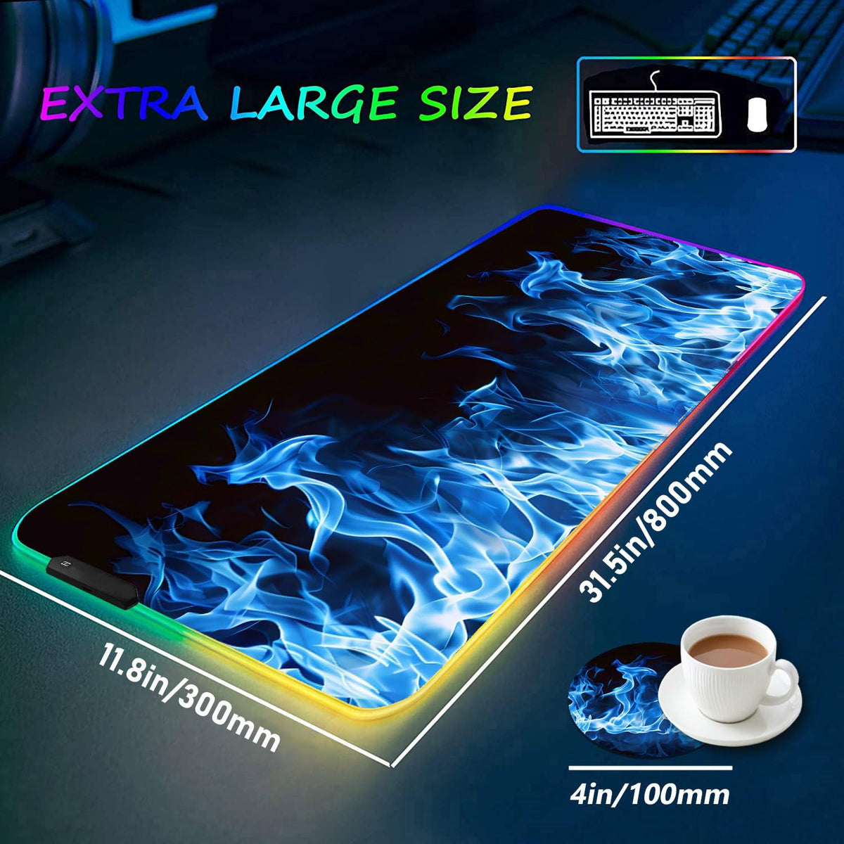 RGB Gaming Mouse Pad with Coffee Coaster, XXL Large Glowing LED Mousepad, Anti-Slip Rubber Base