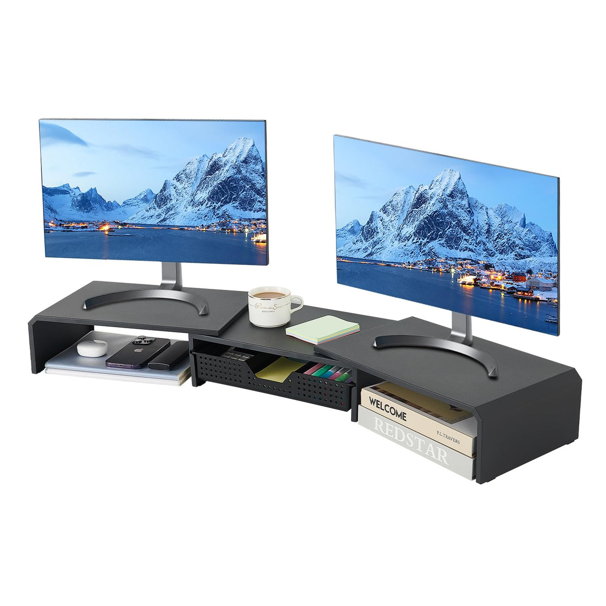 LEKETREE Dual Monitor Stand Riser with Drawer, Computer Stand for Desk, Workspace Desktop Stand