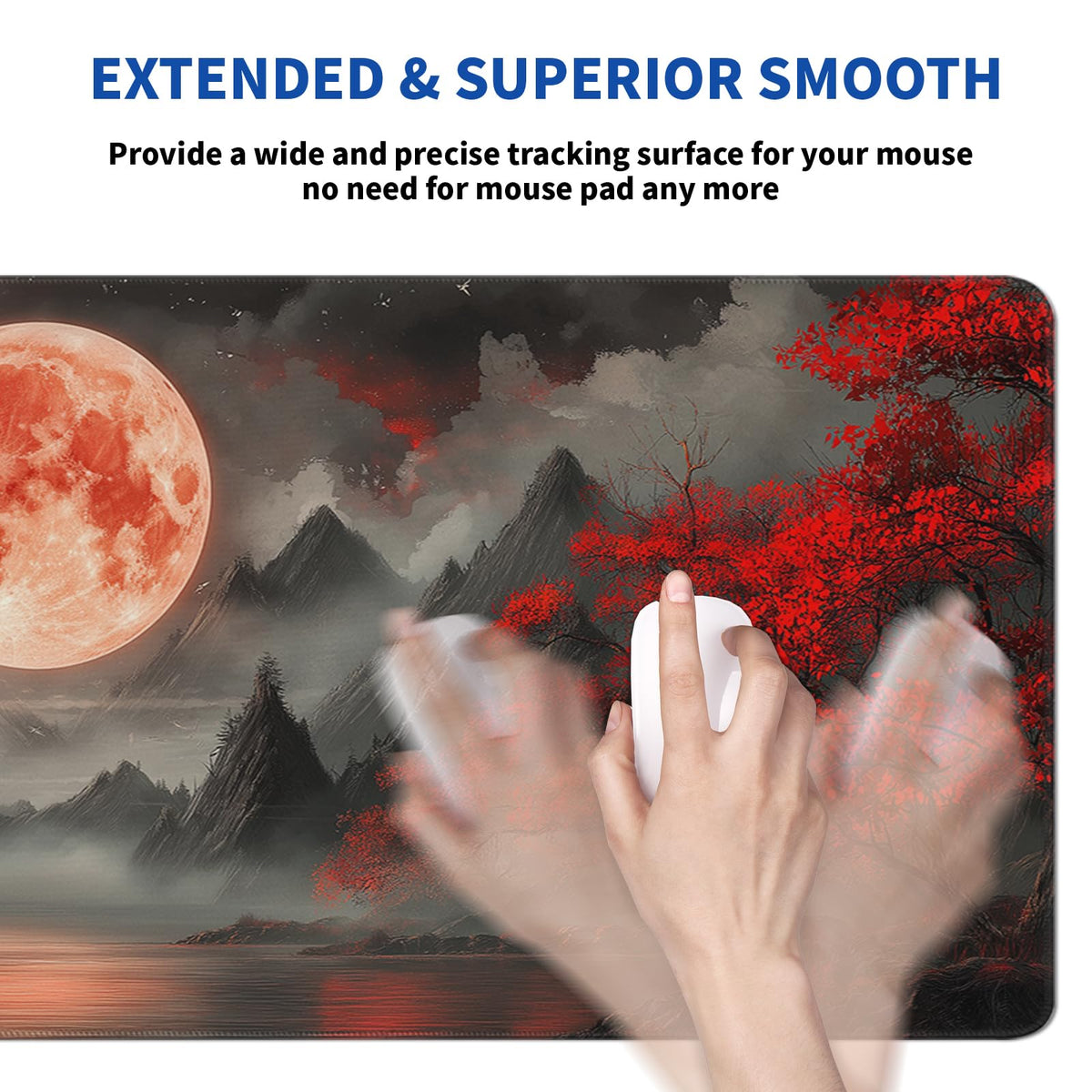 Darkness Red Moon Mouse Pad Abstract Red Mouse Pad 31.5x11.8 Inch Texture Non-Slip Rubber Base