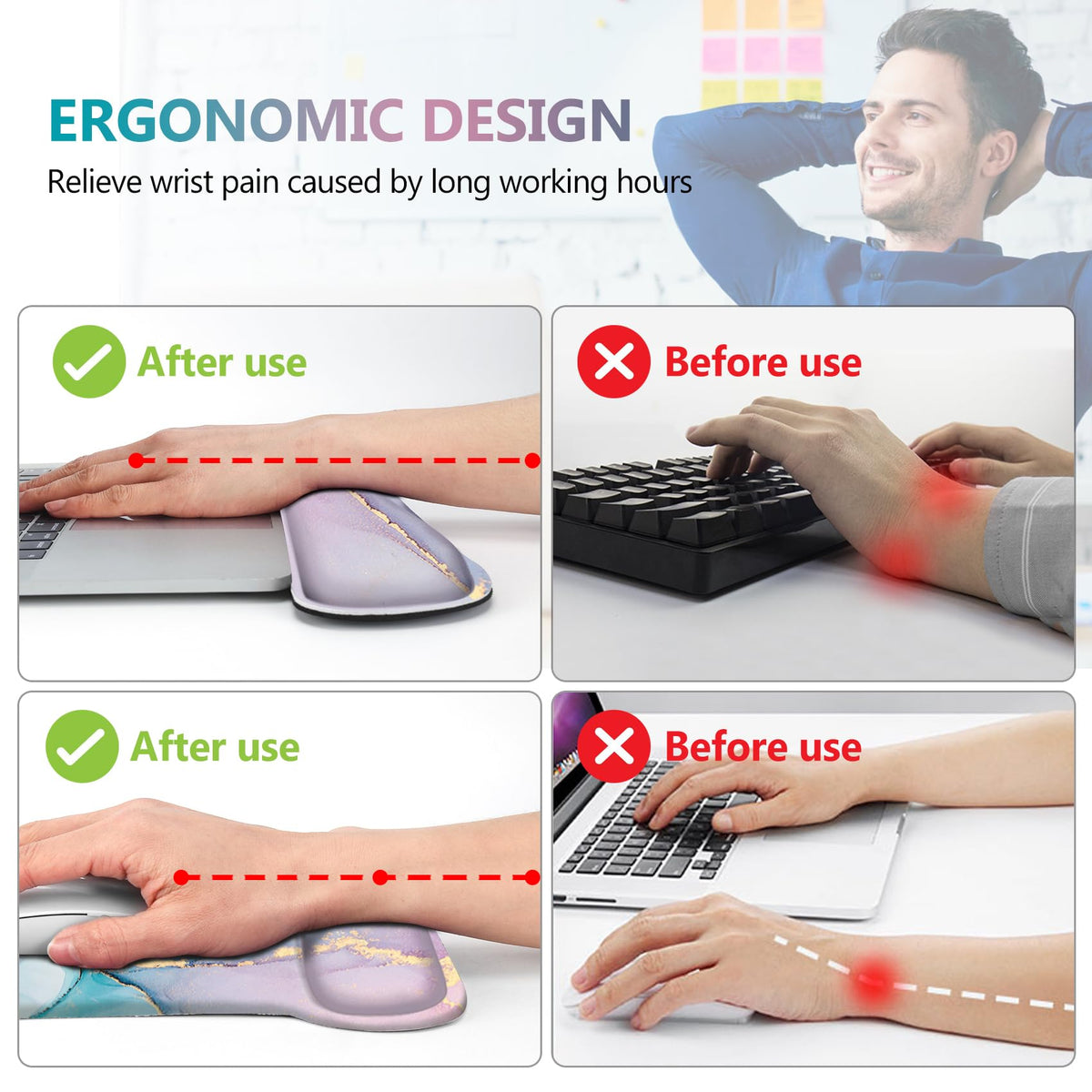 AIMSA Mouse Pad Wrist Support Set Keyboard Wrist Rest, Ergonomic Memory Foam Non-Slip Base Easy
