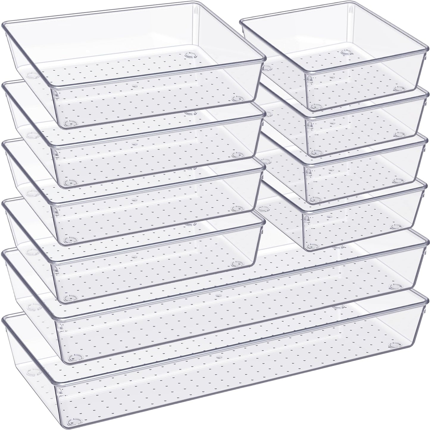 Criusia Drawer Organizer, 10 Pack Large Clear Plastic Set, 3 Size Versatile Bathroom and Vanity