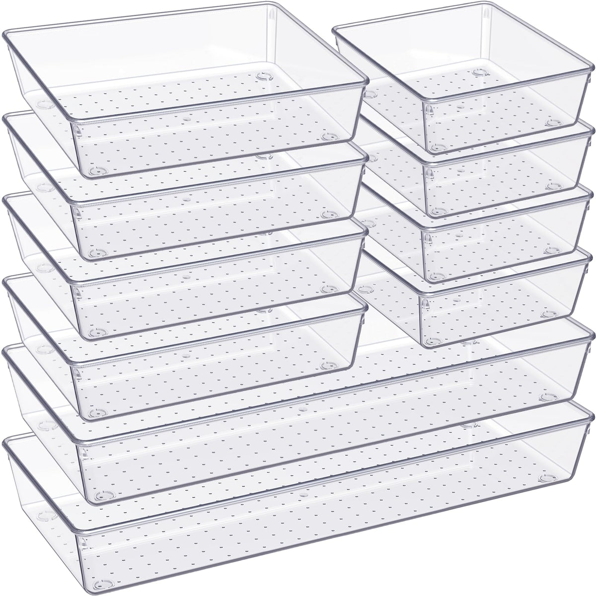 Criusia Drawer Organizer, 10 Pack Large Clear Plastic Set, 3 Size Versatile Bathroom and Vanity