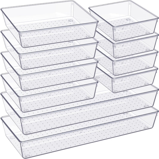 Criusia Drawer Organizer, 10 Pack Large Clear Plastic Set, 3 Size Versatile Bathroom and Vanity