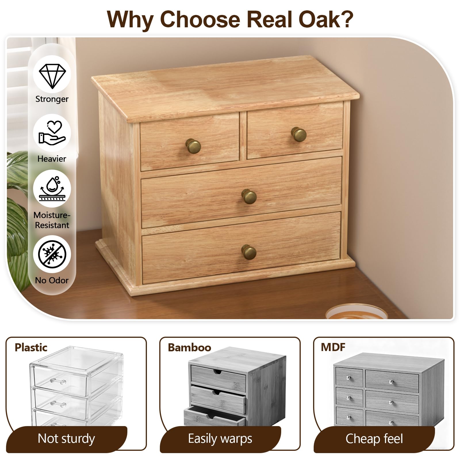 Oak Desk Organizer with Drawers, Durable Wooden Desktop Storage Box