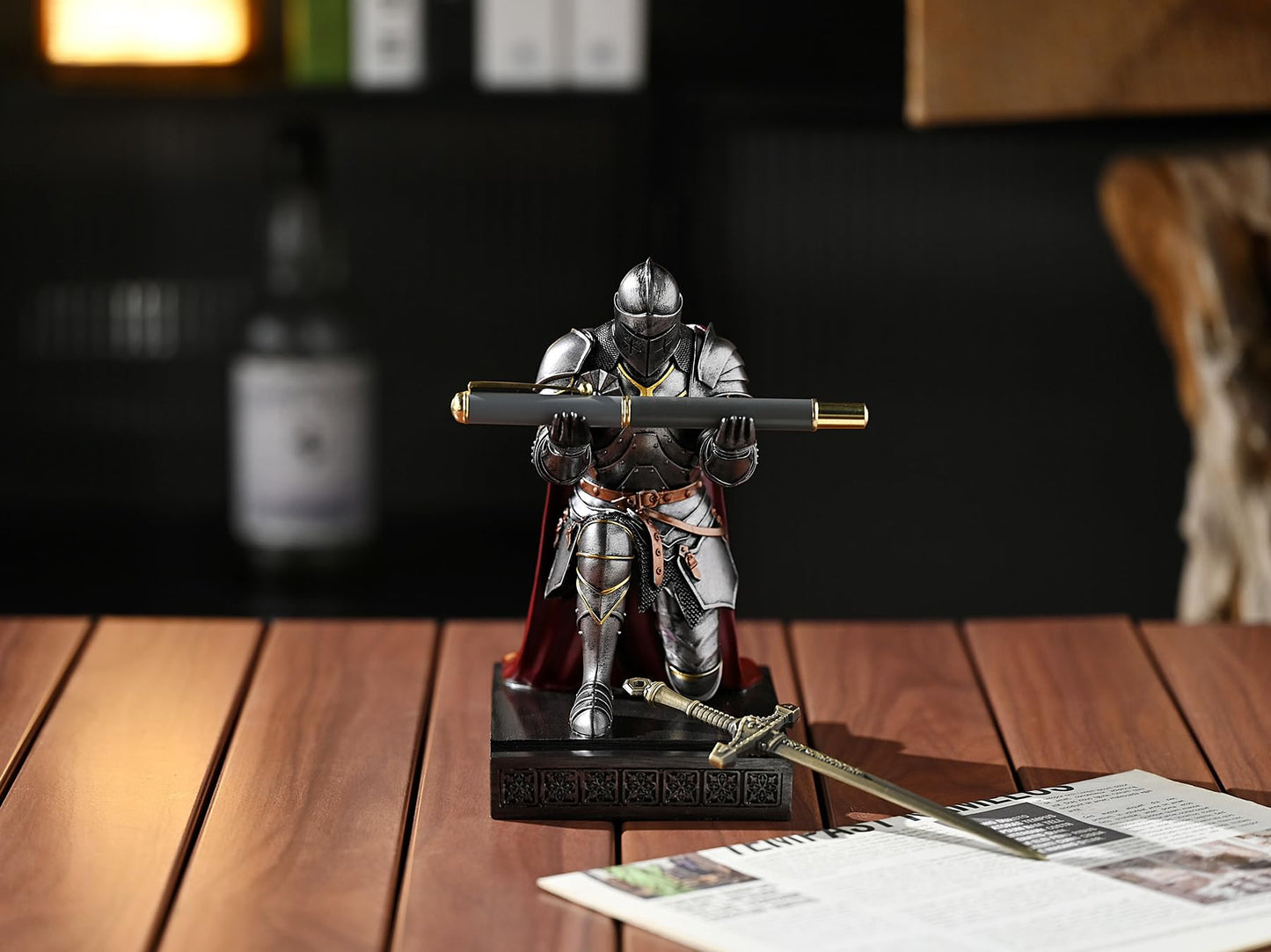 Medieval Armored Knight Pen Holder Figurine Paperweight Phone Stand Iron