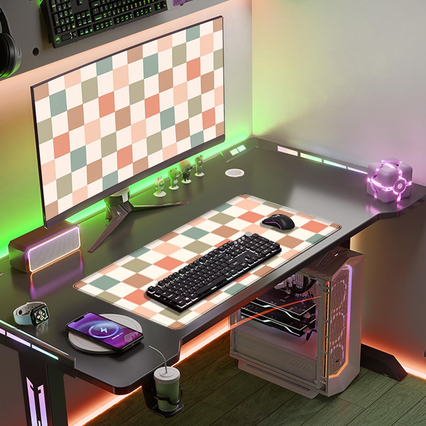 Boho Checkered Desk Mat, Retro Beige Plaid Mouse Pad Xl-31.5x15.7in-Pastel Desk Mousepad-Extended