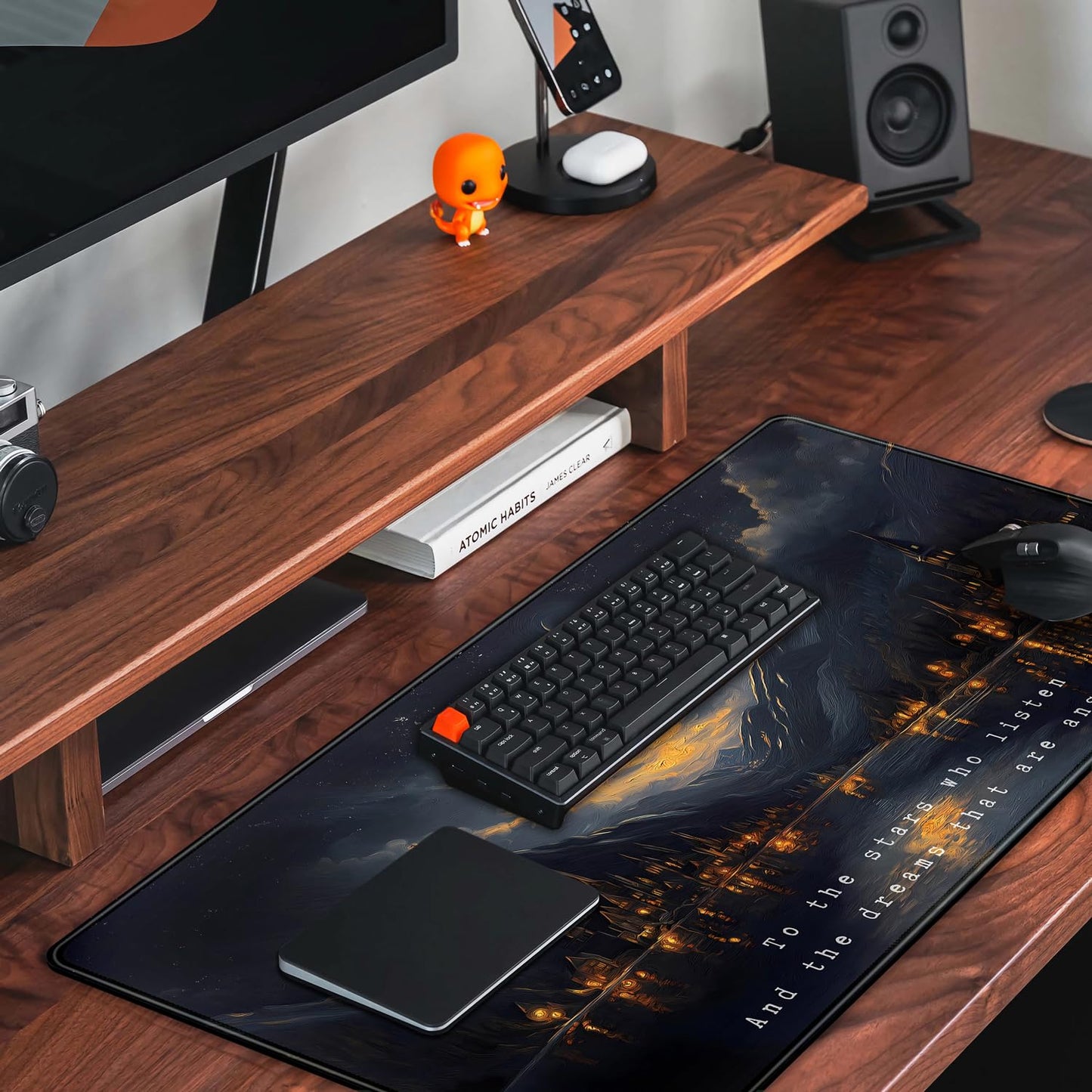 Starry Night Mountain Desk Pad Mat Moon Oil Painting XXL Black Mouse Pad for Gaming Deskpad