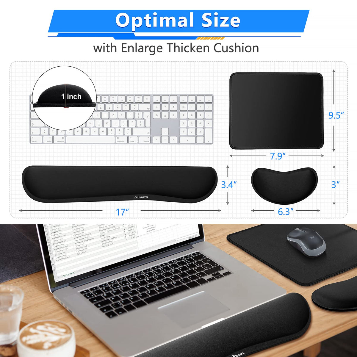 Gimars 3Pcs Memory Foam Keyboard Wrist Rest, Mouse Pad Wrist Support for Easy Typing Pain Relief