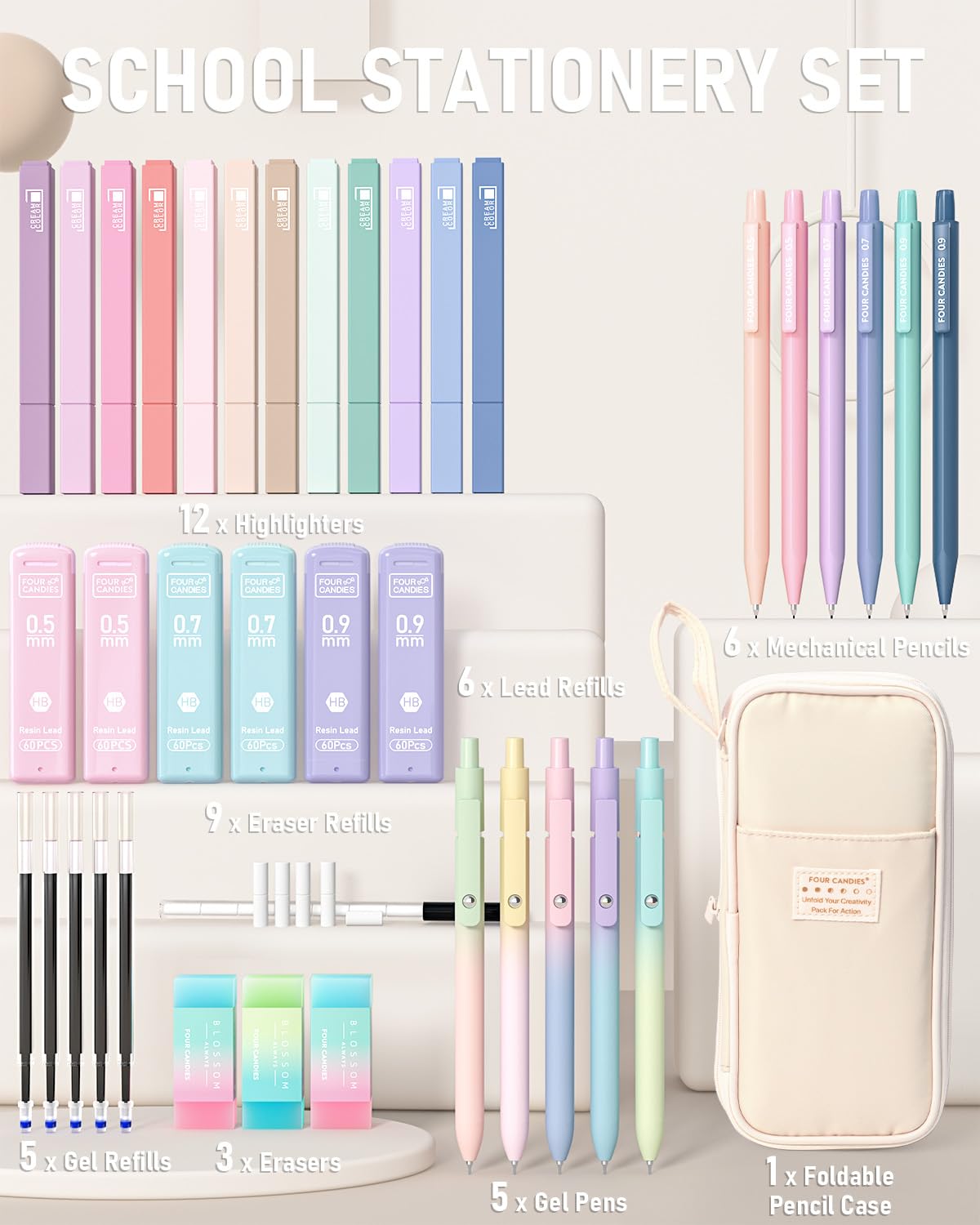Four Candies School Supplies with Cute Pencil Case, 39ct, Cream