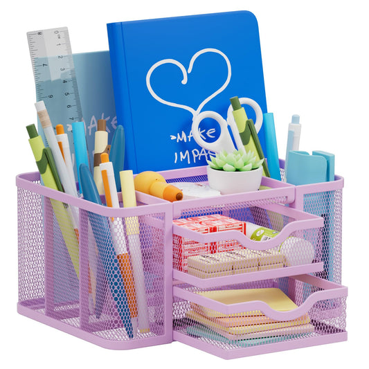 Marbrasse Mesh Desk Organizer, Pen Holder with 2 Drawer, Multi-Functional Pencil Holder, Desk