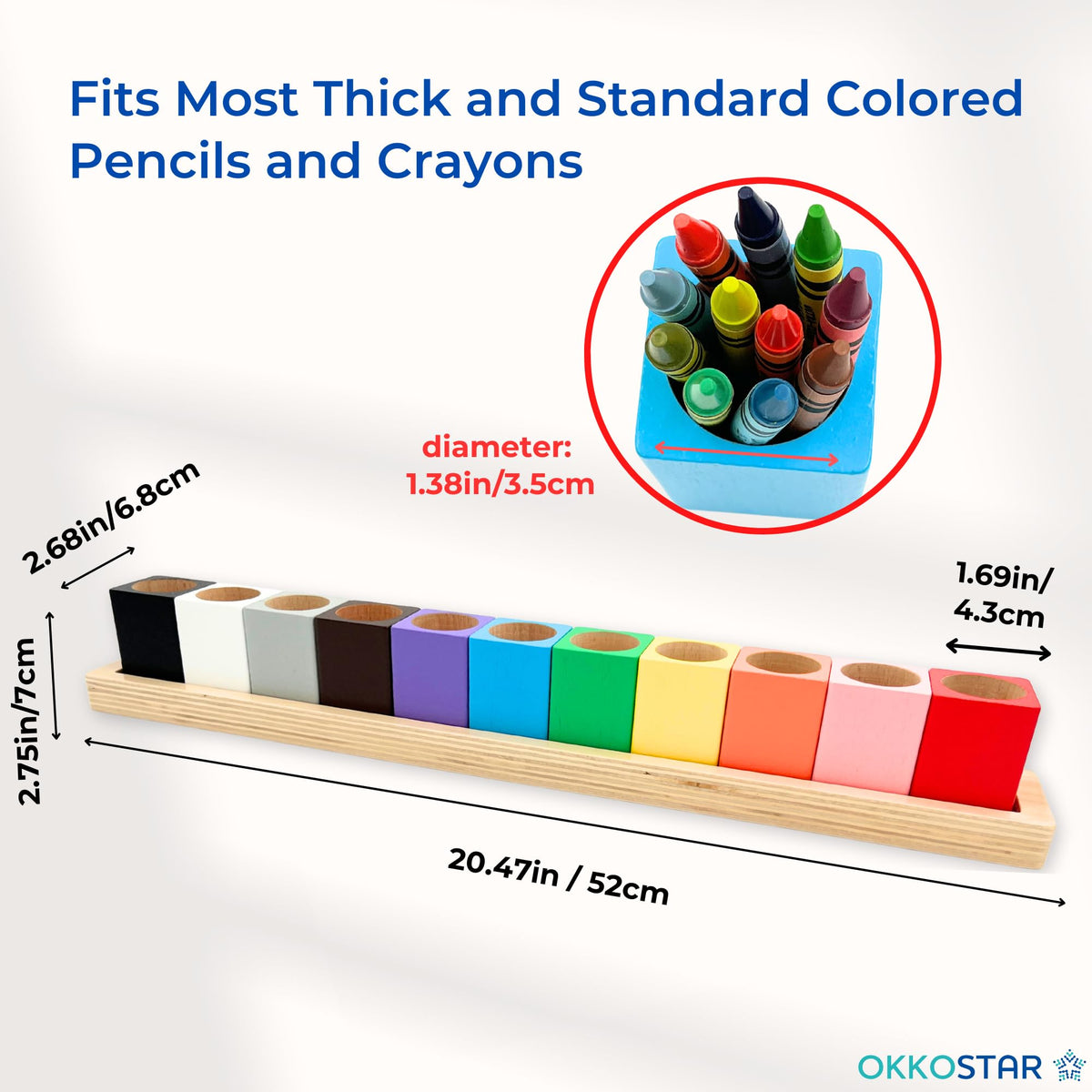 OKKOSTAR Wooden Crayon & Colored Pencil Holder, 11 Cups, Classroom (Large)