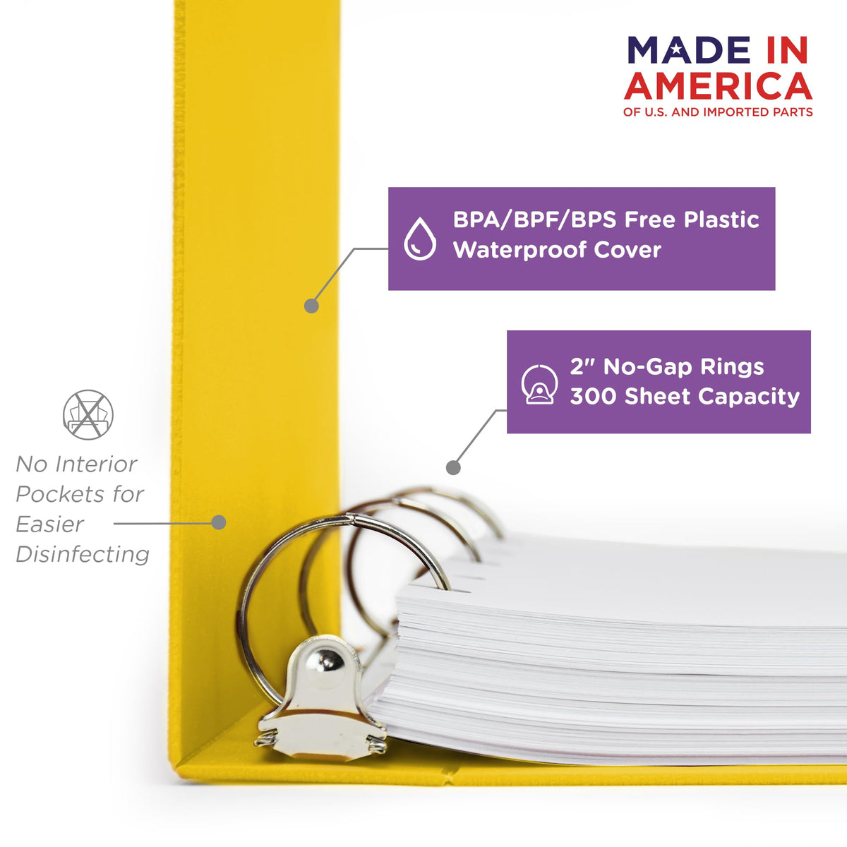 Carstens 2-Inch Heavy Duty 3-Ring Binder - Side Opening, Yellow, Durable Plastic, Precision No-Gap