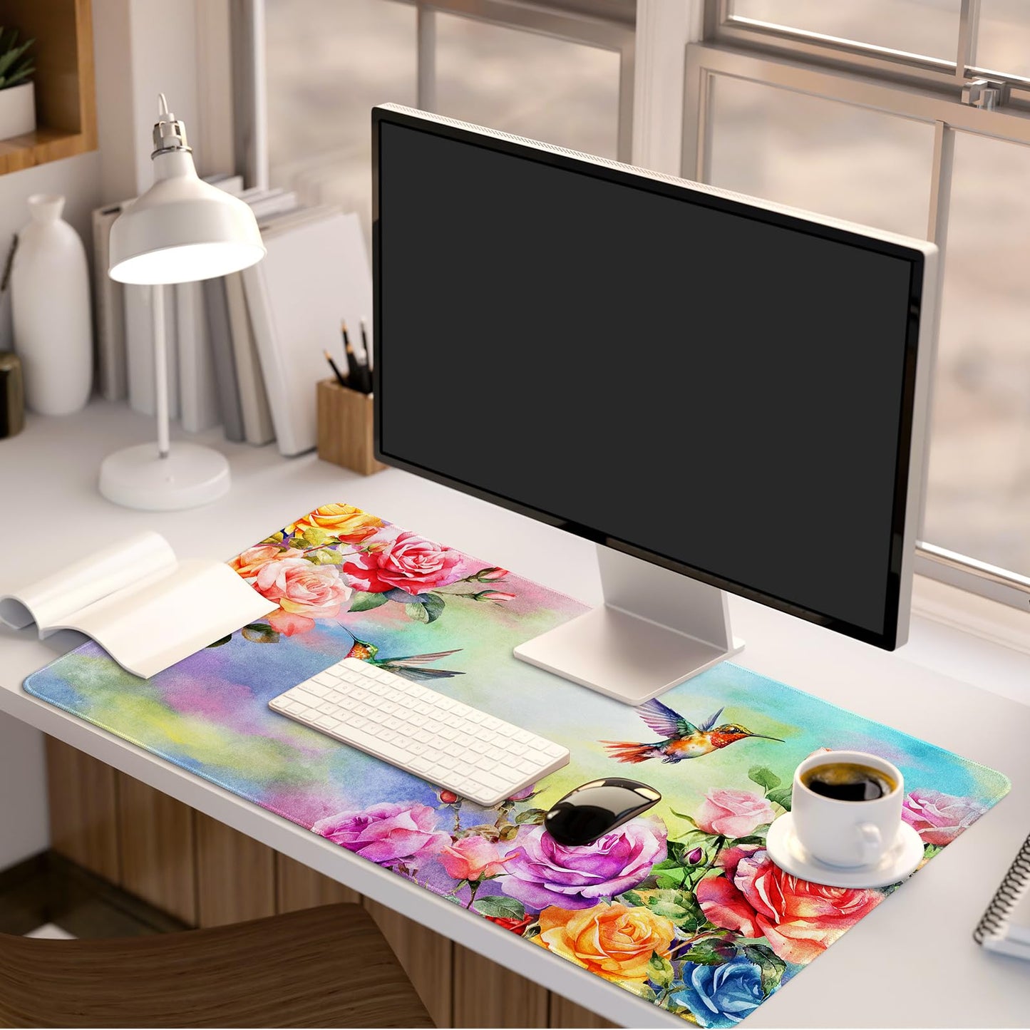 Colorful Large Mouse Pad, Pink Floral Desk Mat for Desktop, Women Girls Waterproof Gaming Mousepad