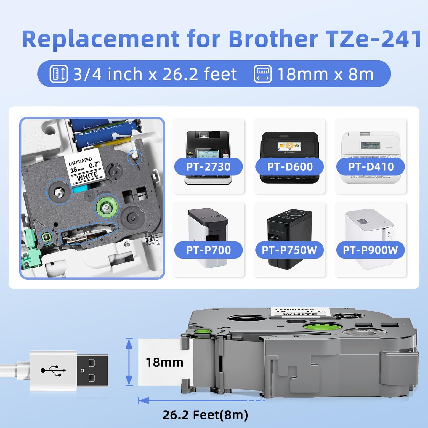 18mm 0.7” Label Maker Tape Compatible with Brother P Touch TZ TZe-241 White