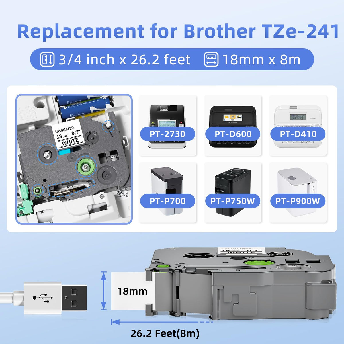 18mm 0.7” Label Maker Tape Compatible with Brother P Touch TZ TZe-241 White