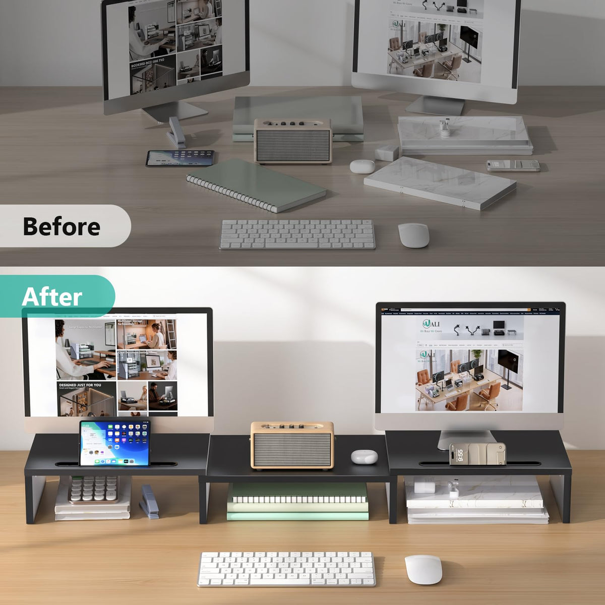 WALI Extra Long Wooden Dual Monitor Stand Riser with 2 Slots, up to 22lbs