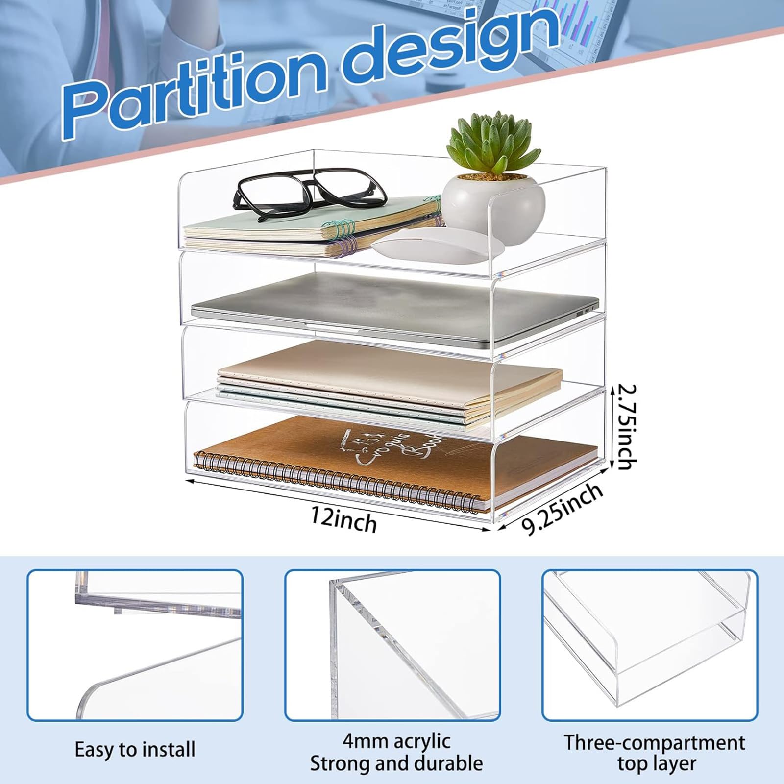 Harloon 4 Tier Paper Organizer Letter Tray Acrylic Desk File Organizer