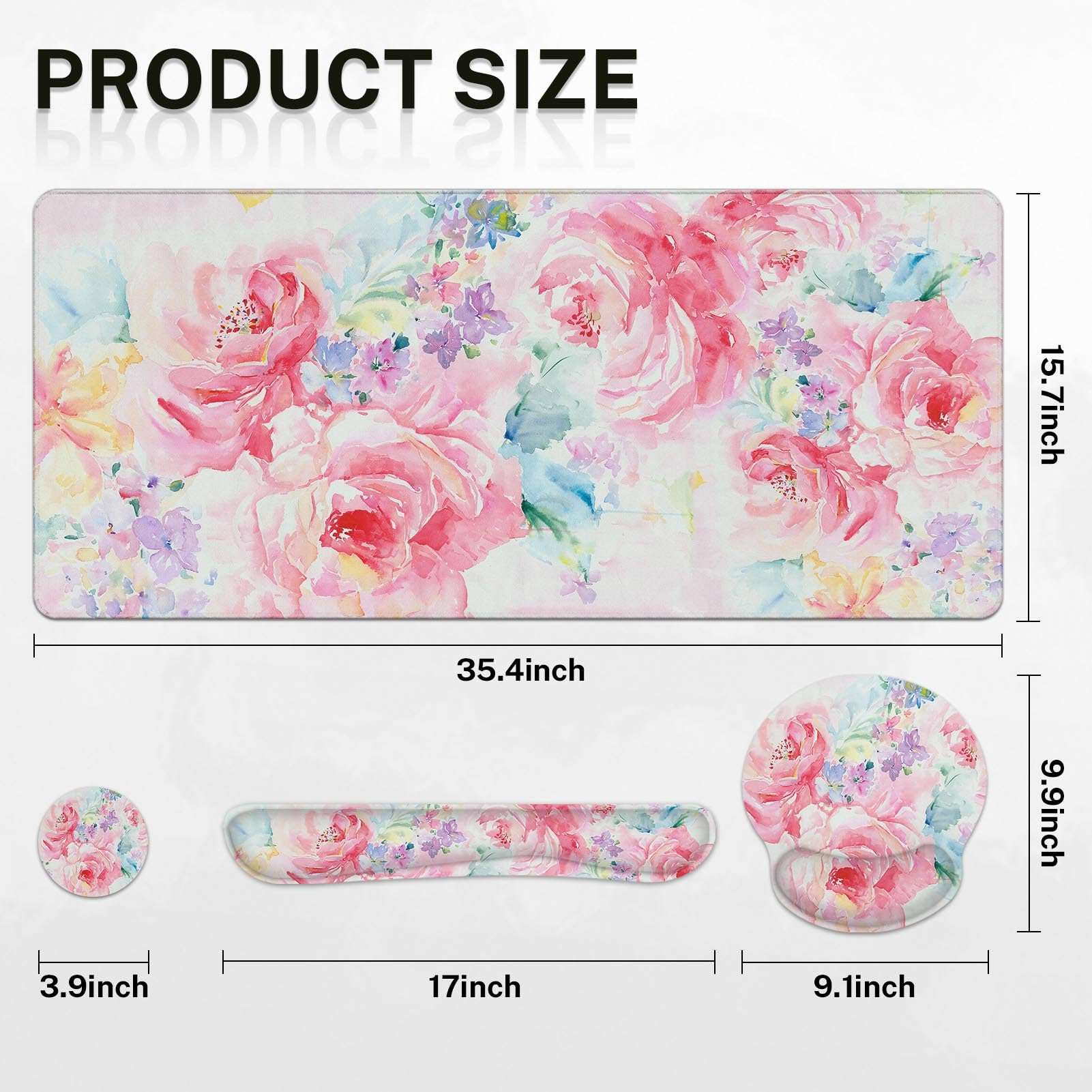 Arttown Keyboard Mouse Pad Set, 4 in 1 Desk Mat Set Watercolor Flower