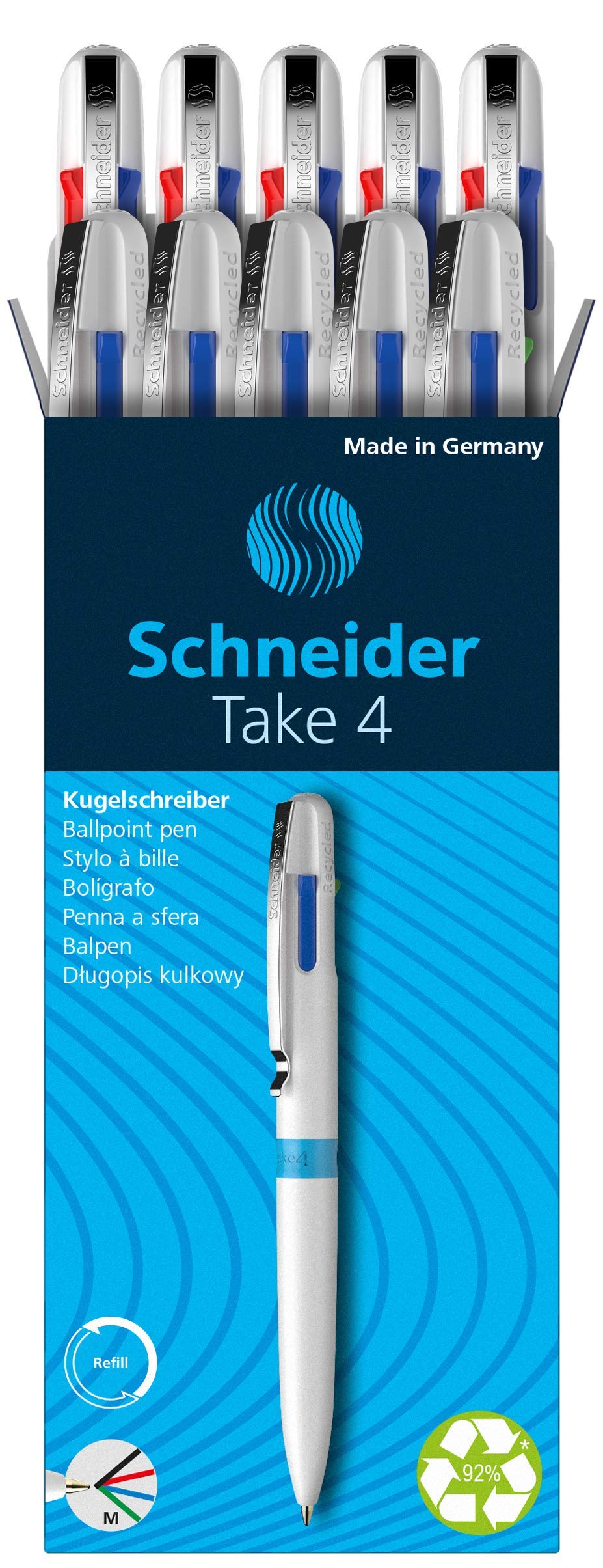 Schneider Take 4 Ballpoint Pen M (Medium), Refillable + Retractable, White Barrel, 4-In-1