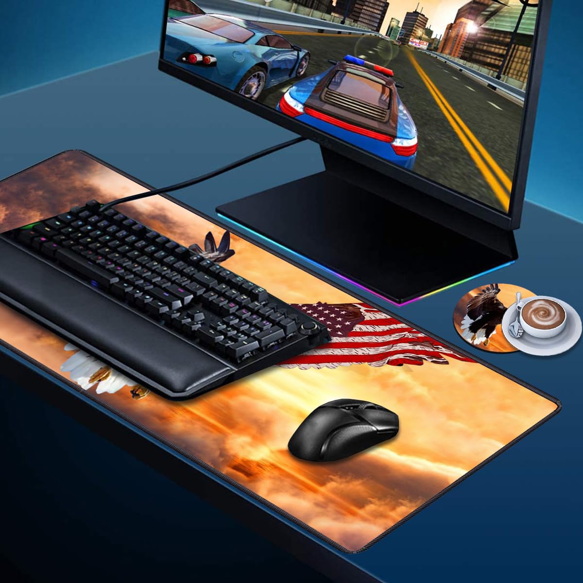Desk Pad Mat With Coasters, 31.5"x 11.8" XXL Large Gaming Mouse Mat With Non-Slip Base and Stitched