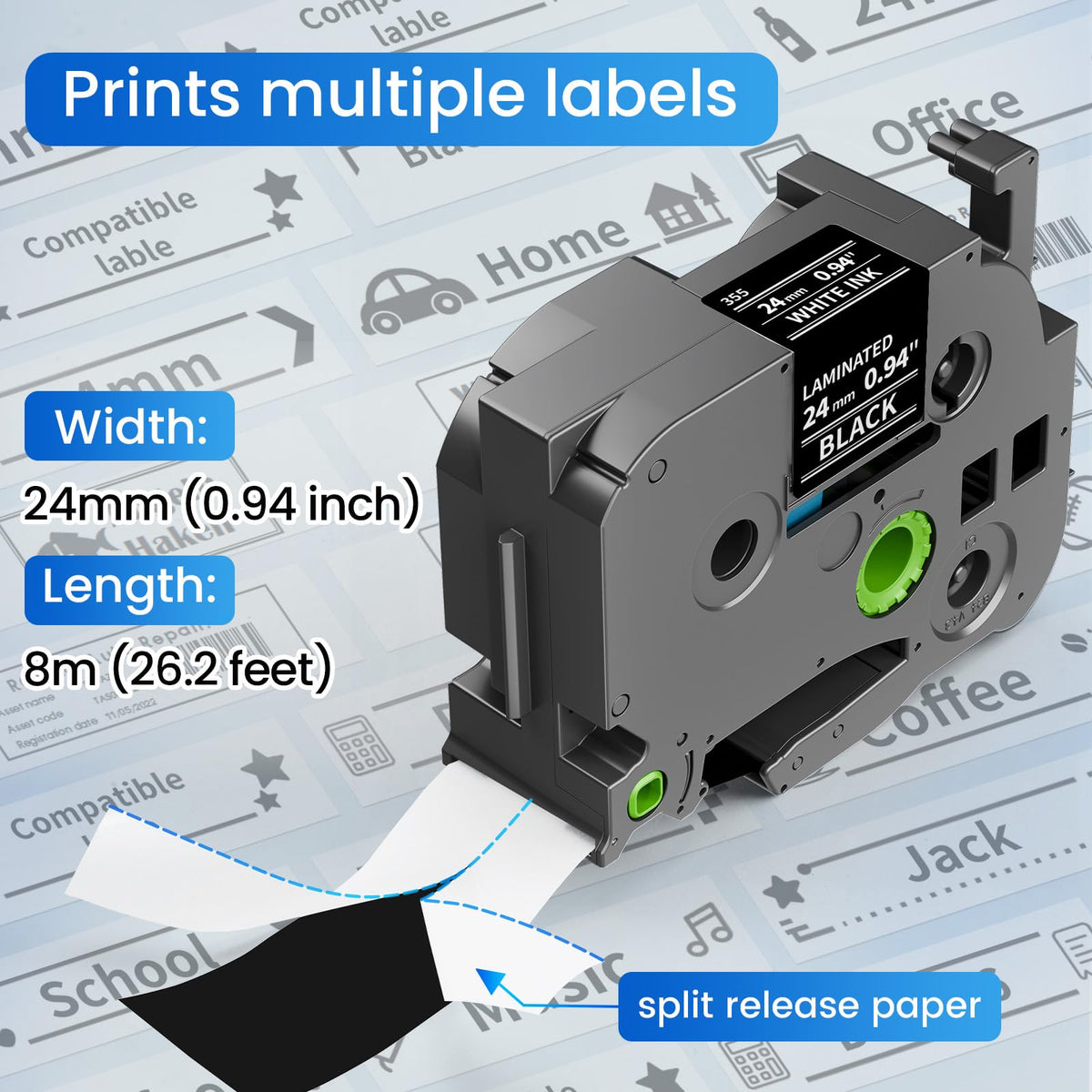 24mm 1 in White on Black Label Tape Compatible with Brother P-Touch TZe-355