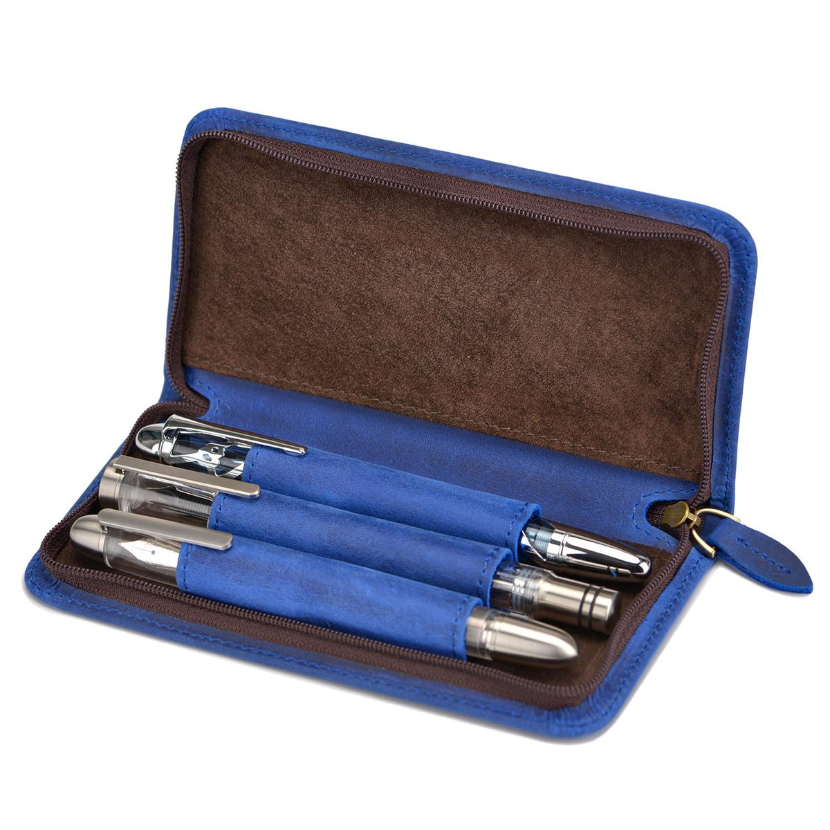 Asvine Fountain Pen Case 3 Divided Slots Crazy Horse Leather Pen Holder, Handmade Display Zippered