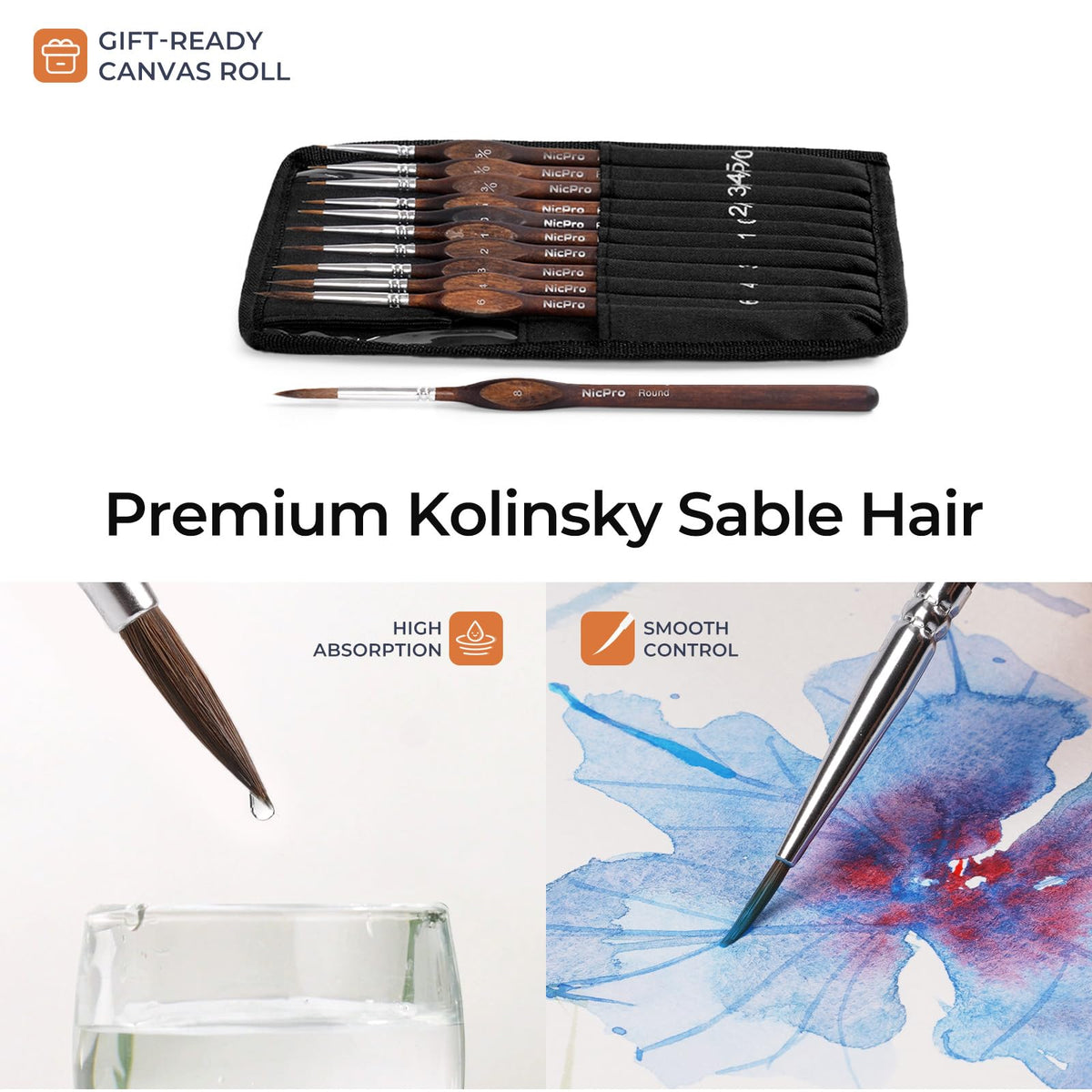 Nicpro 11 PCS Kolinsky Sable Miniature Paint Brushes with Cloth Roll