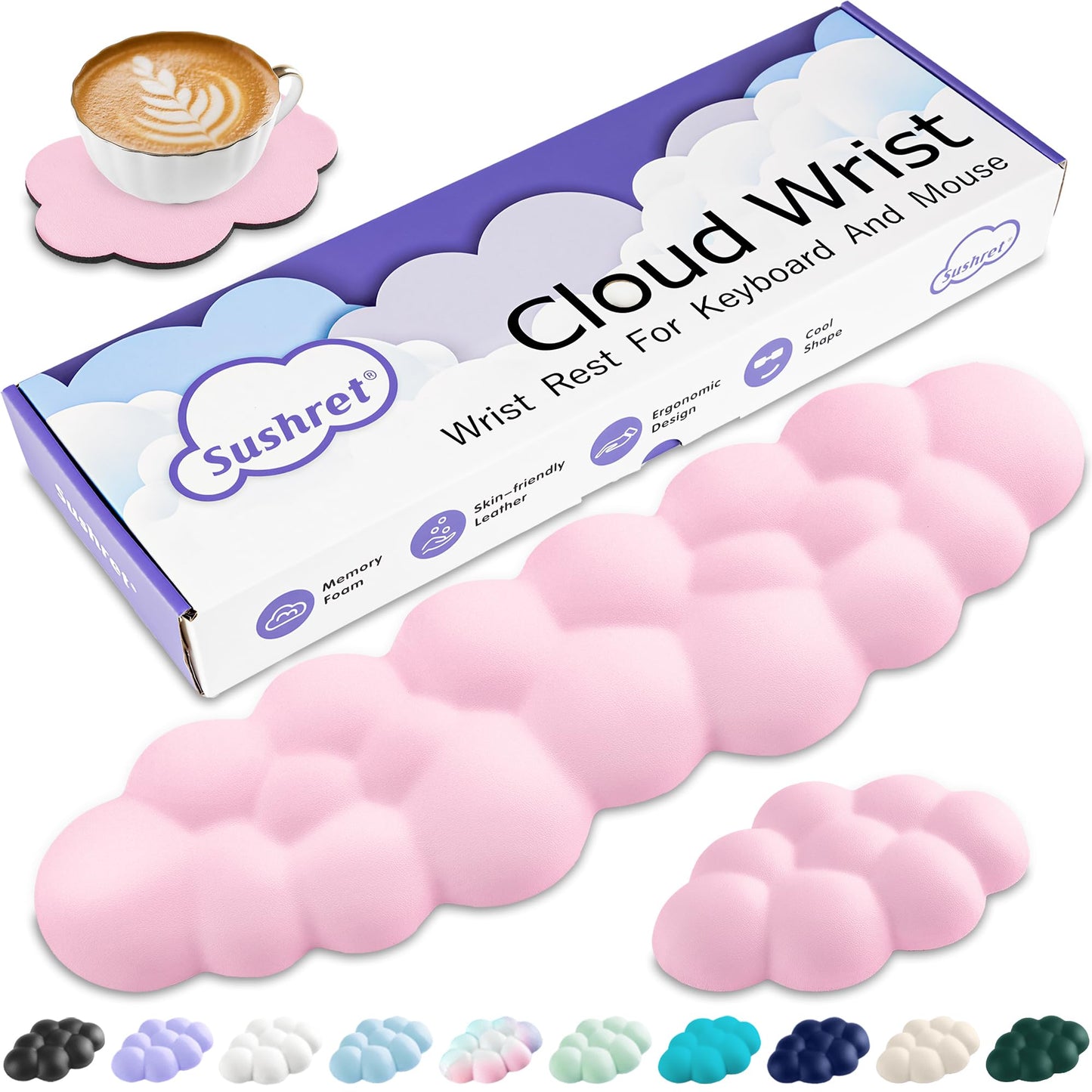 Sushret Cloud Wrist Rest Keyboard, Cloud Keyboard Wrist Pad Set with PU Leather Memory Foam, Cute
