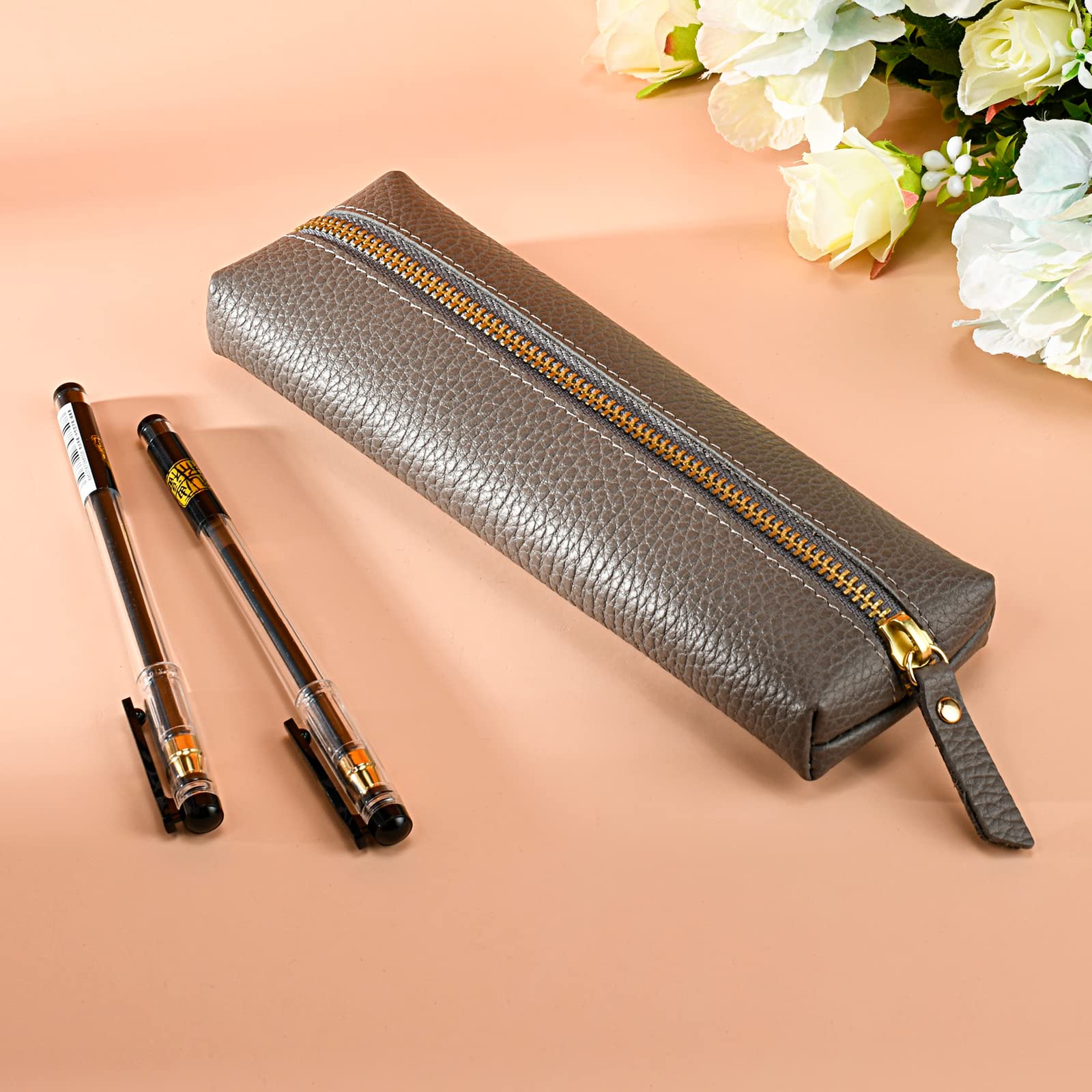 Sluxa Gray leather pen pouch, Pen holders for men. Thin pen bags for adults.