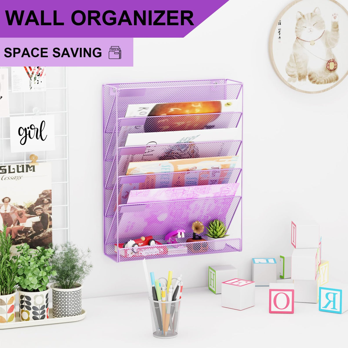 GDINDINFAN Wall File Organizer Holder Mesh Hanging Paper Document Holder, Vertical 6 Pocket Tier