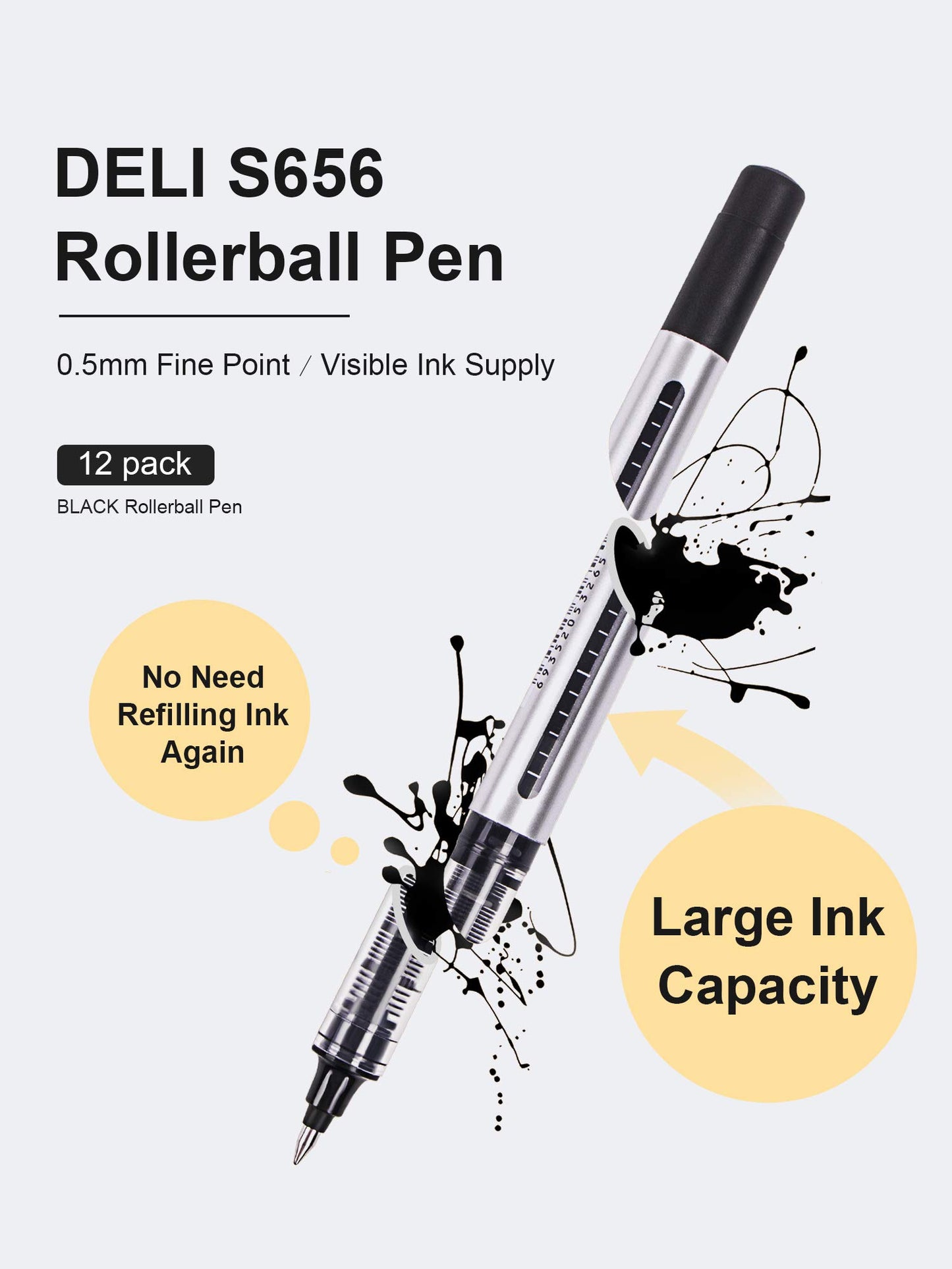 deli 12 Pack Black Rolling Ball Pens, Fine Point Pens, 0.5mm Liquid Ink Pens, Quick Dry, No Smear