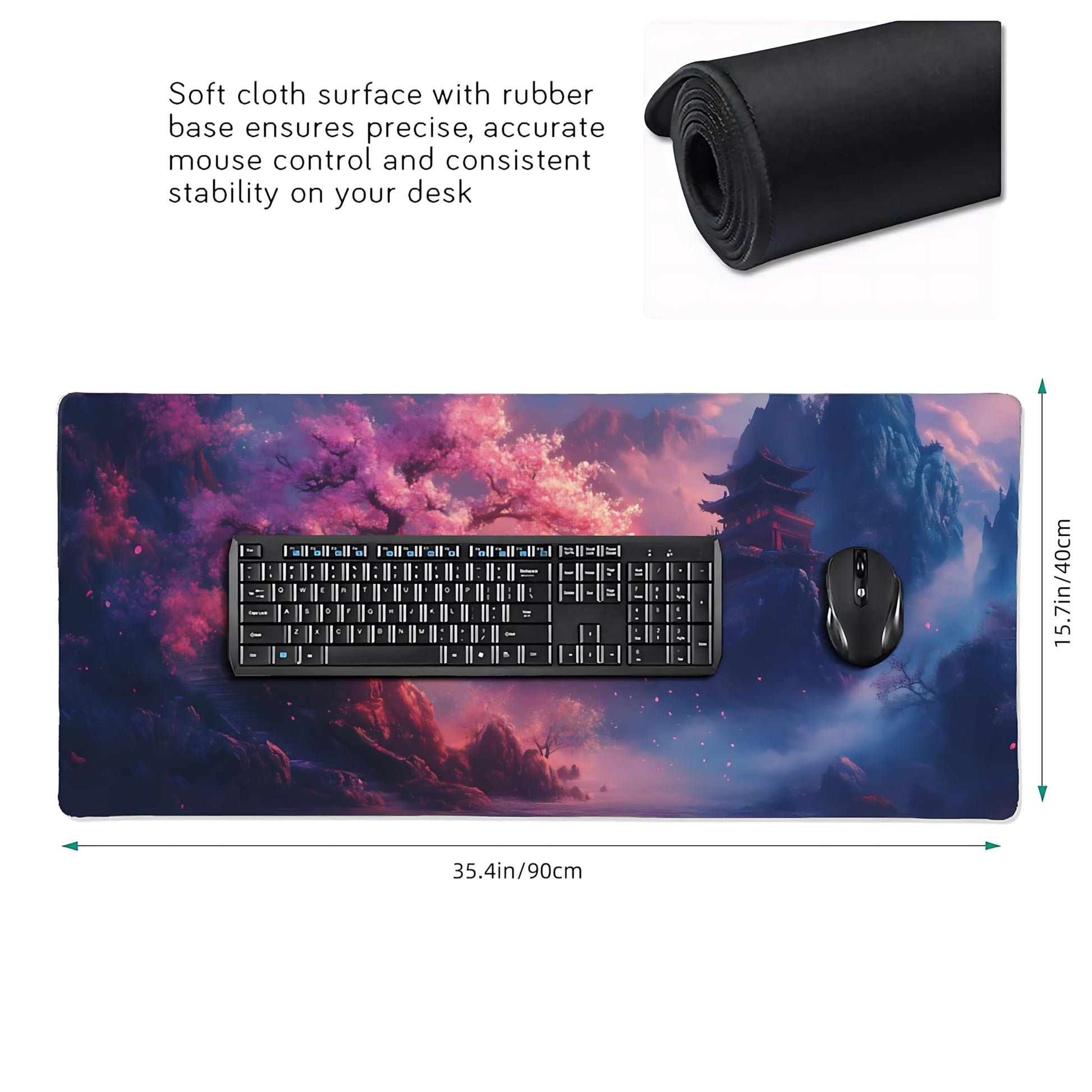 Aesthetic Scenery Gaming Mouse Pad, Blue Pink Japanese Desk Mat with Anti-Slip Base & Stitched