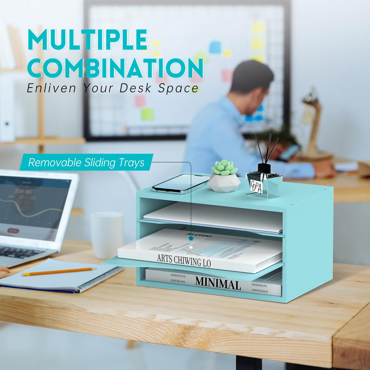 3 Tier Wood Desk Organizer, Mail Sorter and Paper Organizer for Desk, Blue