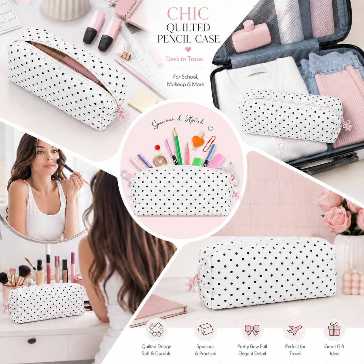 shiprabags Cute Quilted Pencil Case for Women, Aesthetic Small Floral Pencil Pouch, Slim Soft