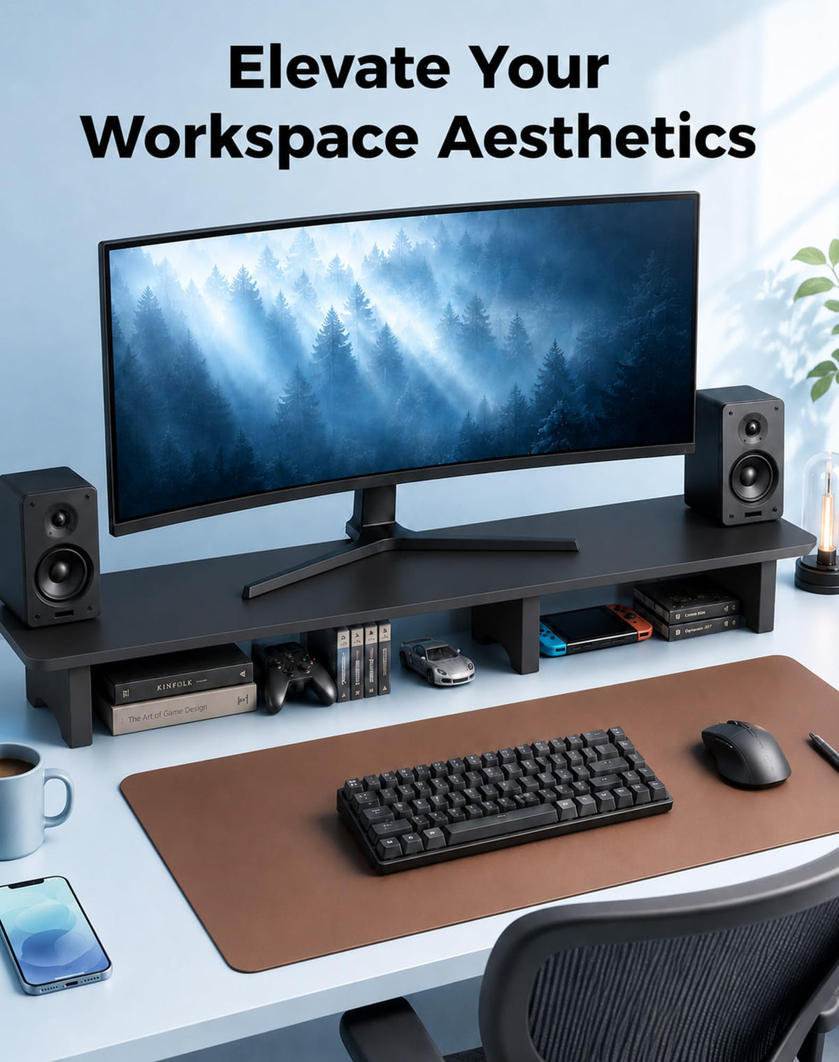 Aothia 43 in Black Solid Wood Dual Monitor Stand, Monitor Riser for Desk