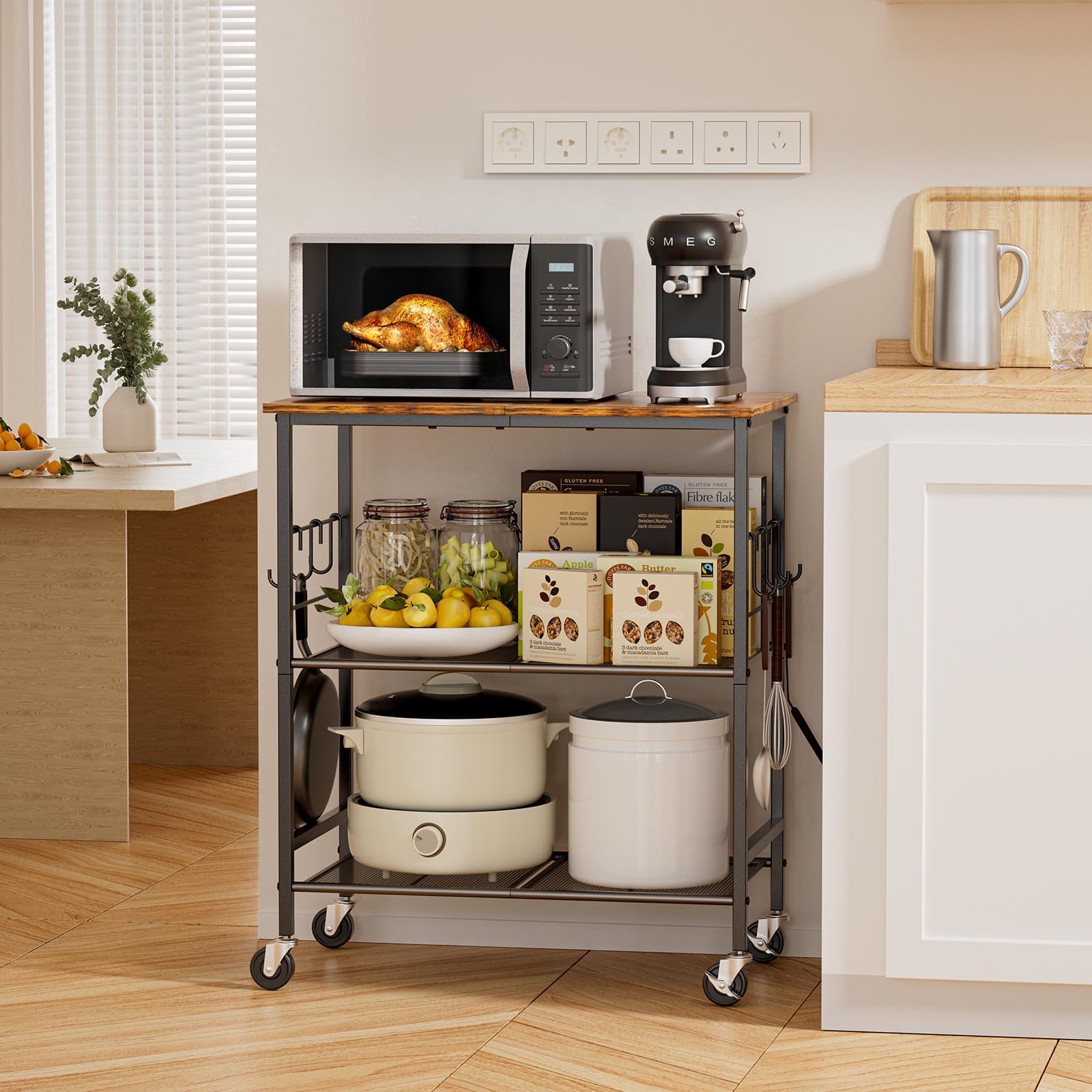 NTE Rolling Kitchen Microwave Cart, 3 Tier Microwave Stand with Storage, Small Kitchen Island on