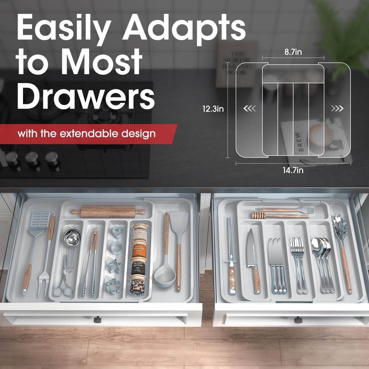 Aujen Silverware Drawer Organizer, Adjustable Utensil Cutlery Tray