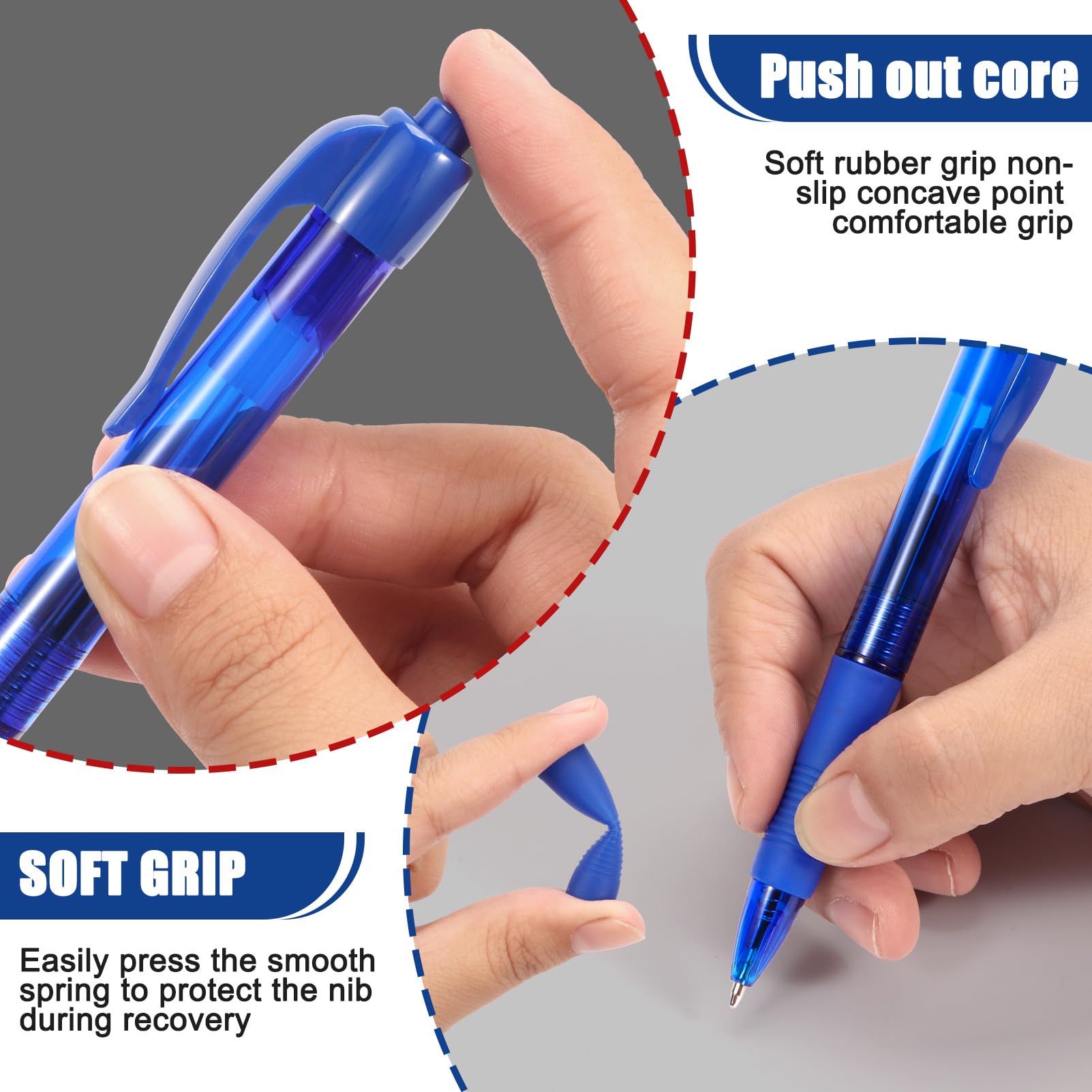 deegtran Pens Bulk, 100 Pack No Bleed Blue Ink Click Pens with Soft Grip, Wholesale Retractable