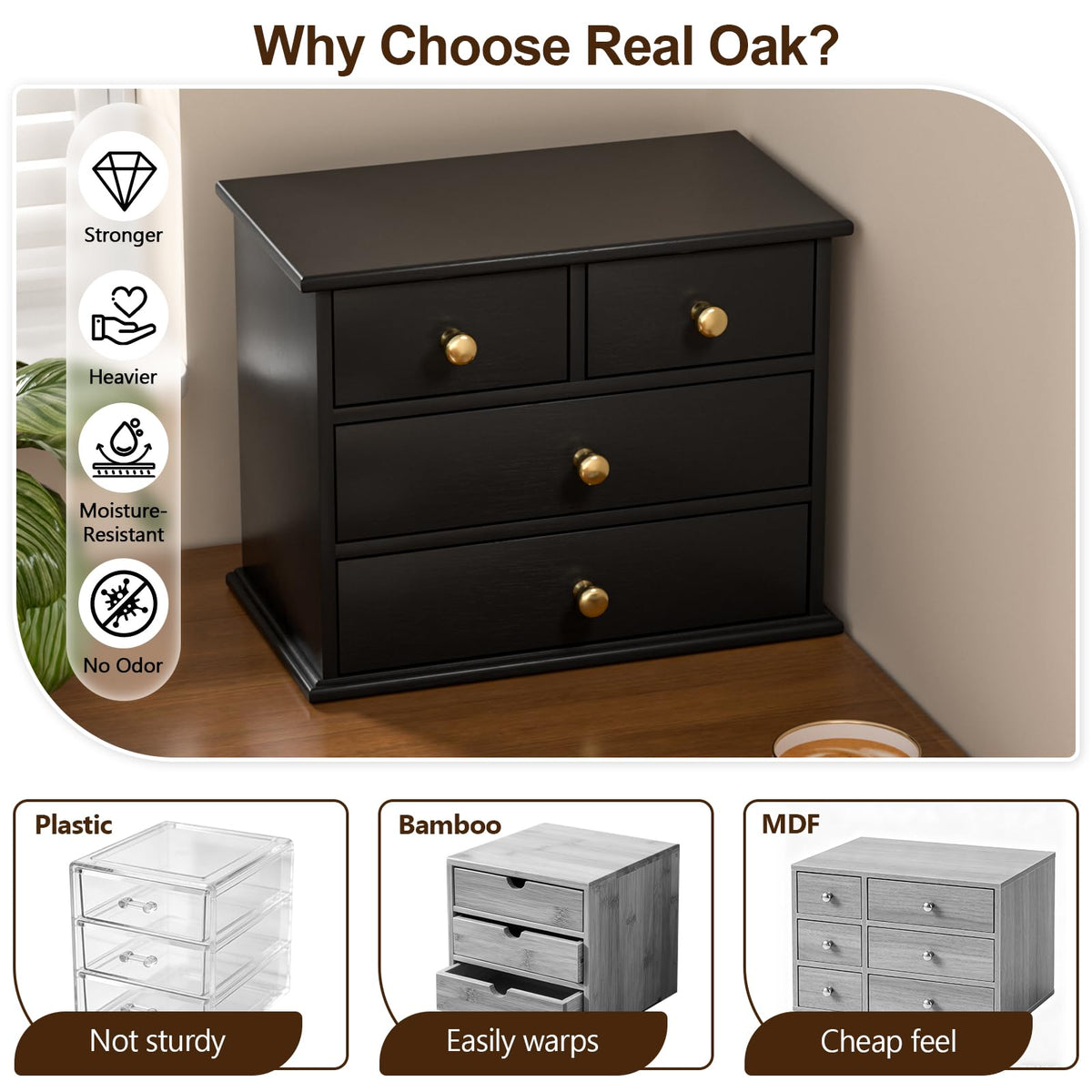 Oak Desk Organizer with Drawers, Durable Wooden Desktop Storage Box