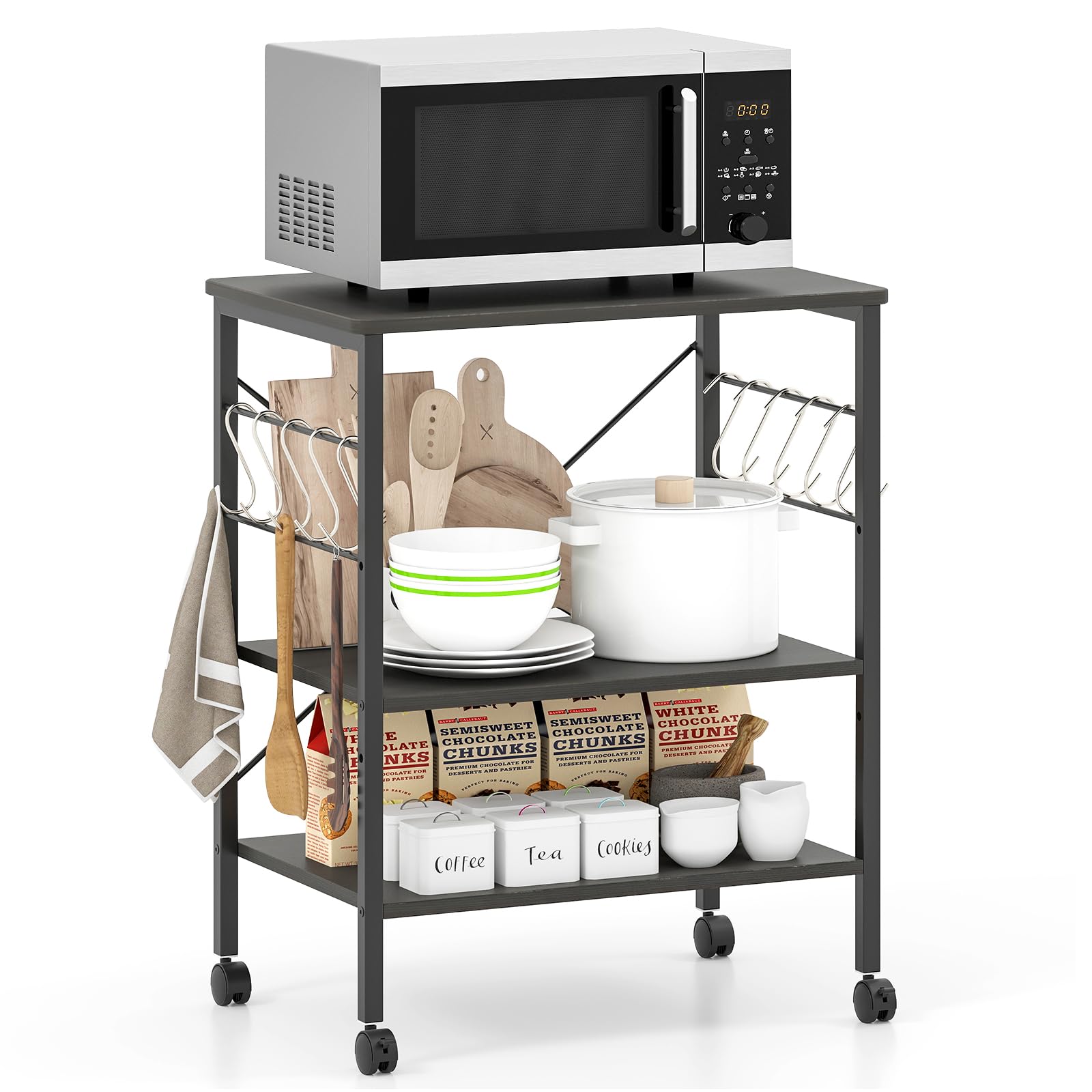 GIANTEX Kitchen Bakers Rack 3-Tier Microwave Cart on Wheels, Industrial Utility Bar Cart with 10