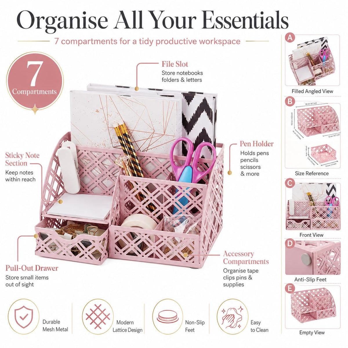 Exerz Mesh Metal Desk Organizer with 7 Compartments and Drawer Light Pink