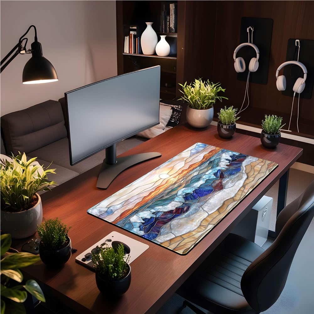 Mountain Sunrise Gaming Mouse Pad Large Desk Mat Extended Mouse and Keyboard Pad, Faux Stained