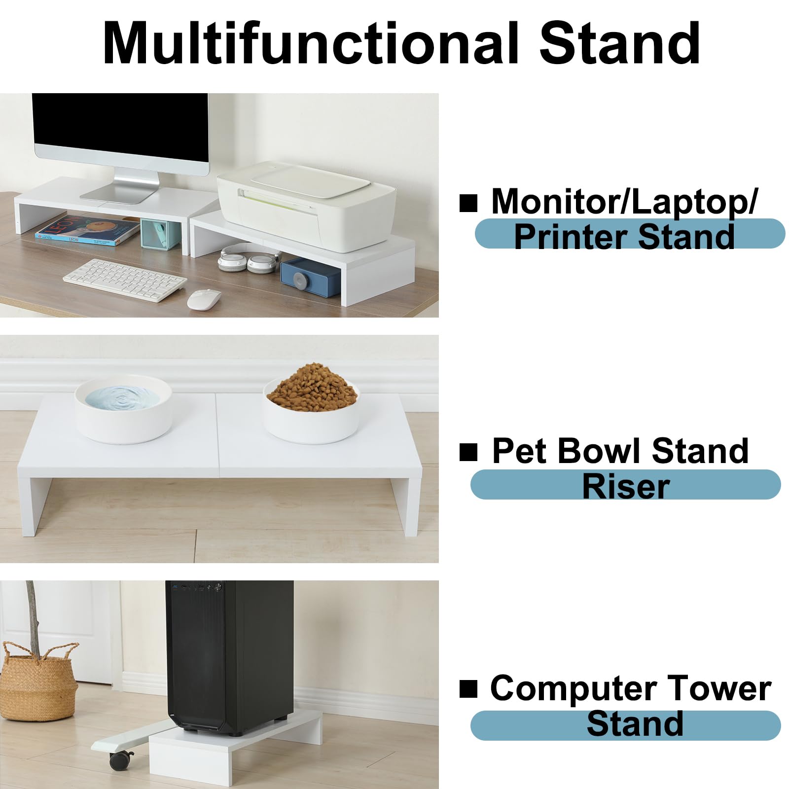 TEAMIX 2 Pack White Monitor Stand Riser 20 inch, Wooden Desktop Stand Shelf