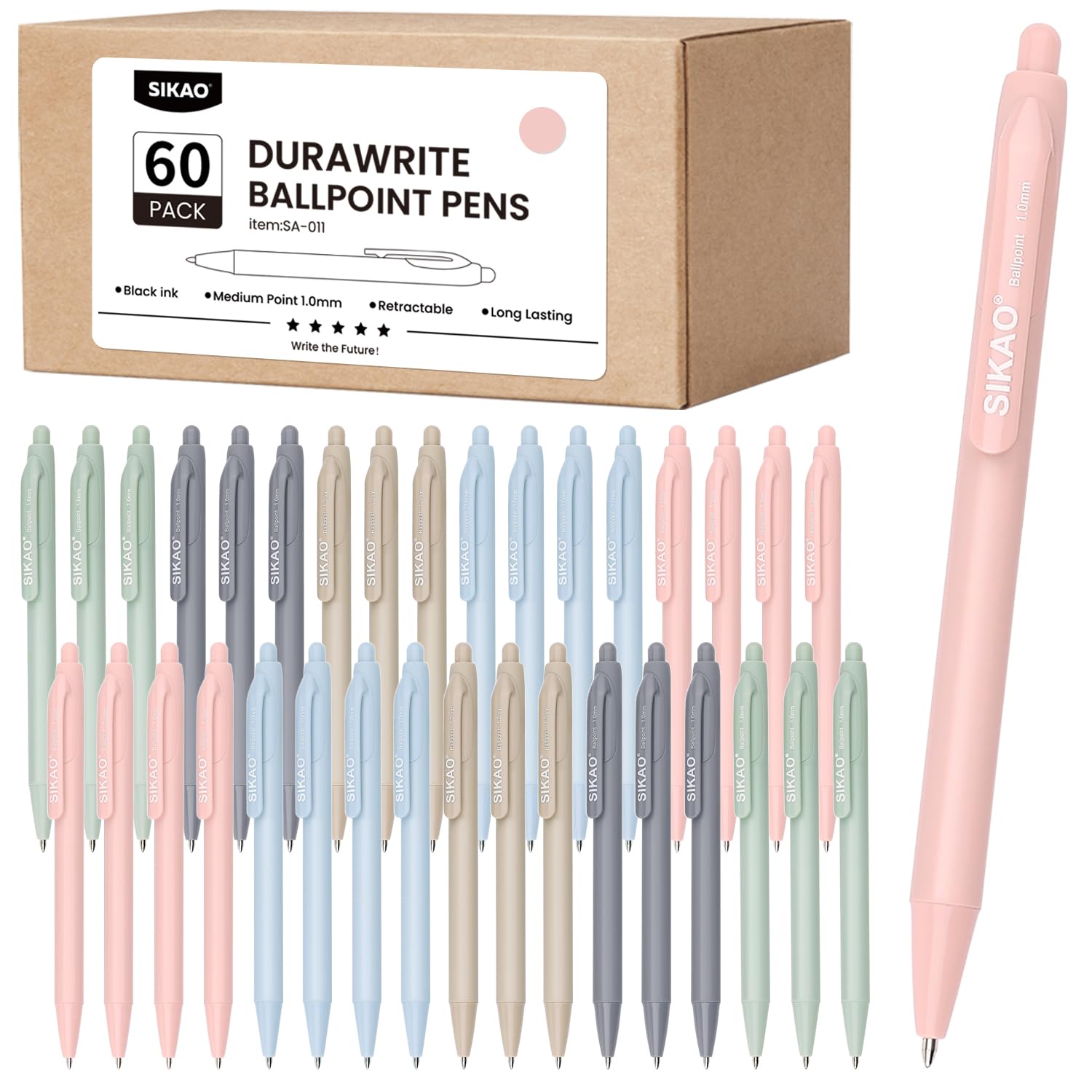 Sikao Pens Bulk, 60 Pack Retractable Ballpoint Pens Black Ink (Morandi)