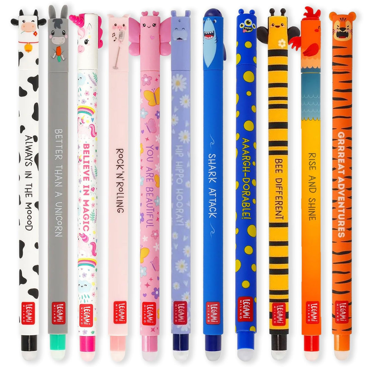 LEGAMI - Set of 11 Gel Erasable Pens With 0.7 mm Tip, Assorted Ink Colours and Animal Designs